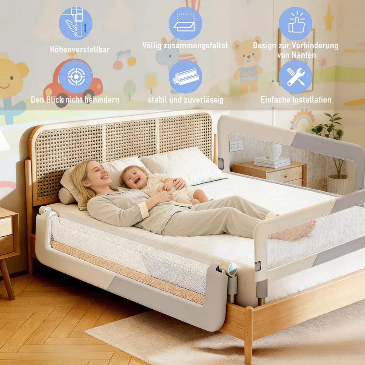 200cm Rausfallschutz Bett, Höhenverstellbar Bettschutzgitter Baby | Rausfallschutz Boxspringbett, Bettgitter Klappbar, Bett Rausfallschutz für Baby und Kinder, Schnelle Montage