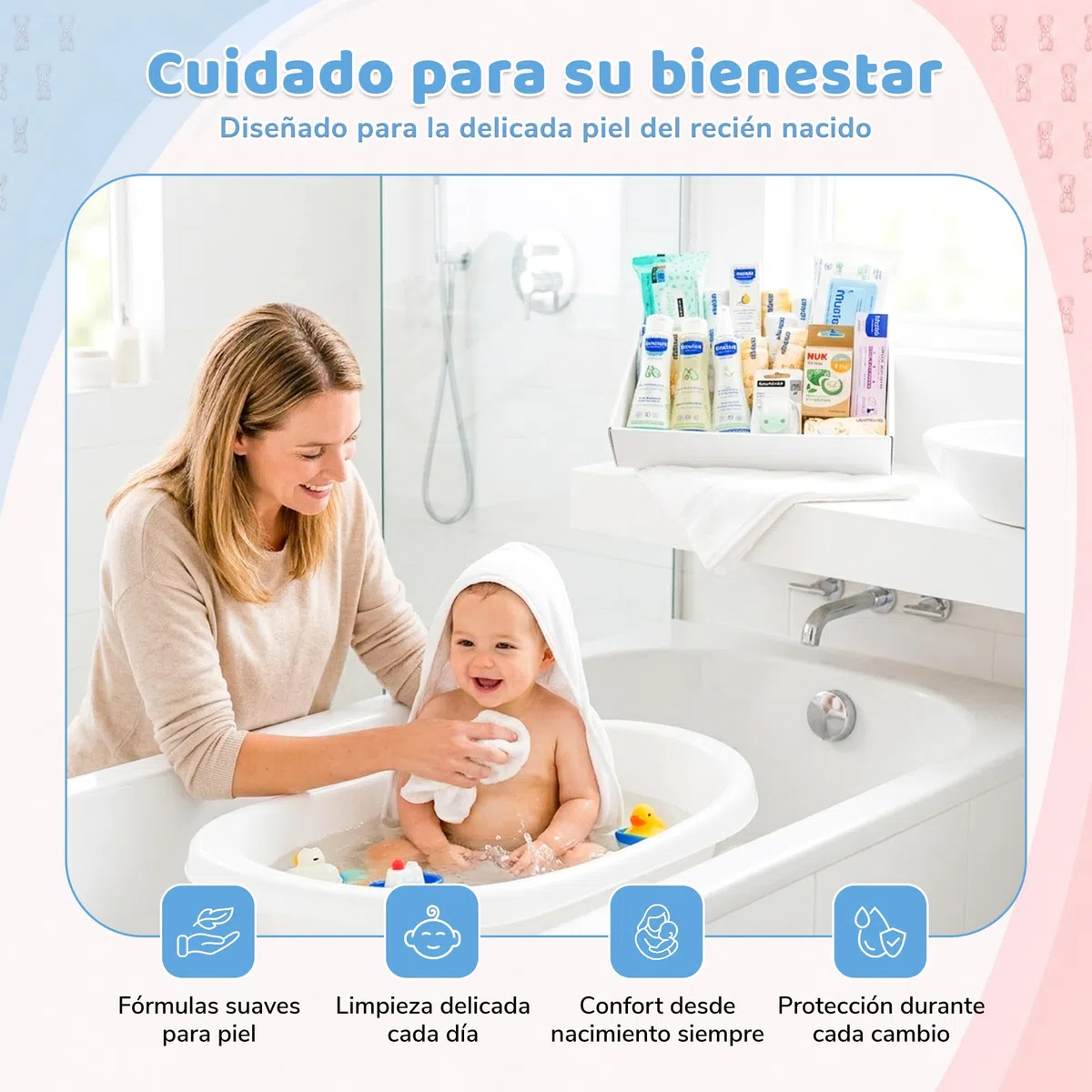 Geschenkkorb für Babys | Enthält Gel, Shampoo, Eau de Cologne und mehr | Schnuller und Clip 0-6 Monate | 10 Windeln Größe 2