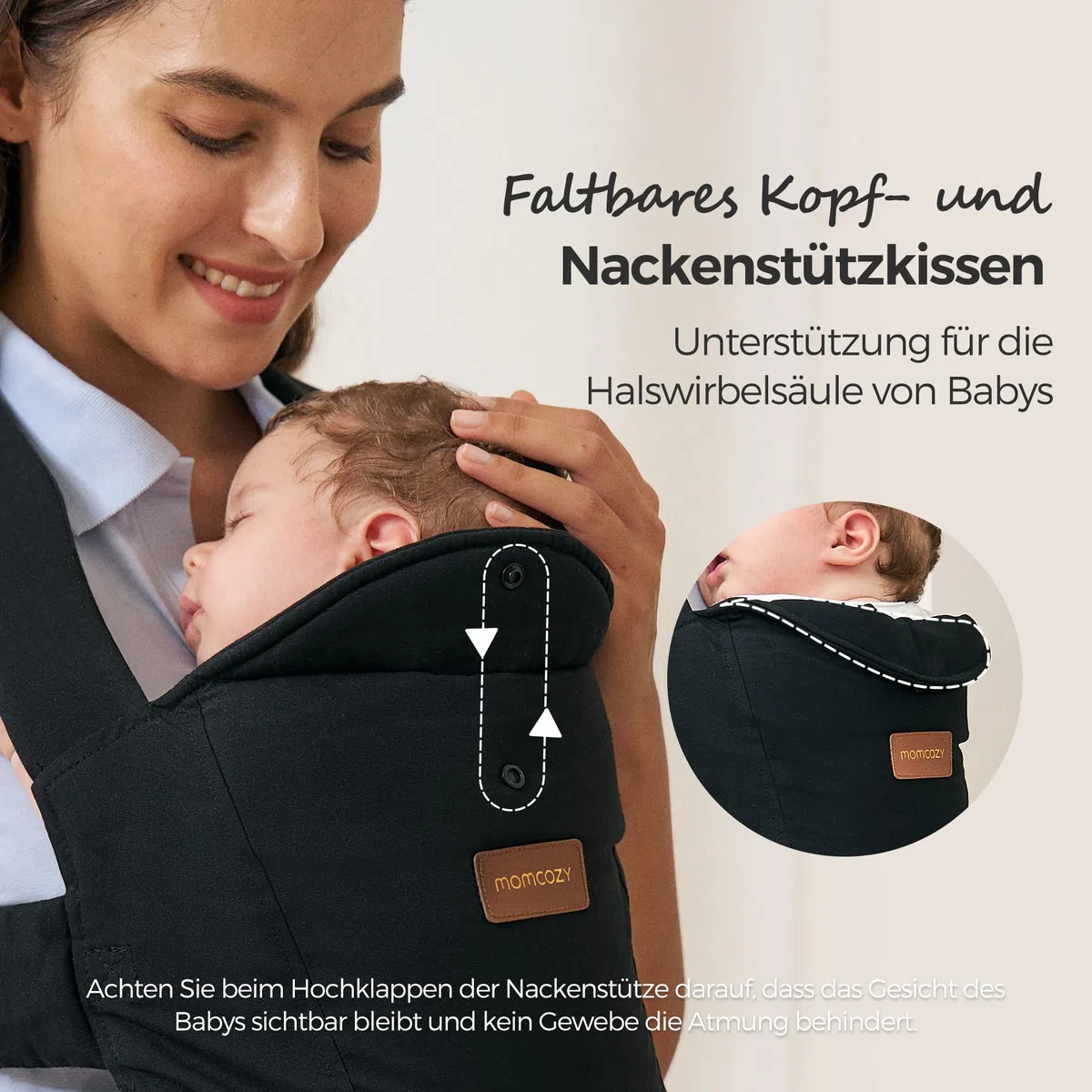 Momcozy Babytrage Neugeborene ab Geburt | Ergonomische Tragehilfe mit Nackenstütze | Leicht & sicher (3-11 kg),Schwarz