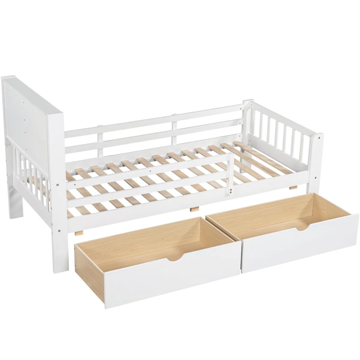 Kinderbett 90x200cm, Einzelbett mit 2 Schubladen und Tafel, Kopfteil mit Bücherregal, Kinder Bett mit Rausfallschutz und Lattenrost, Holzbett Funktionsbett Jugendbett Bettgestell, Ohne Matratze, Weiß