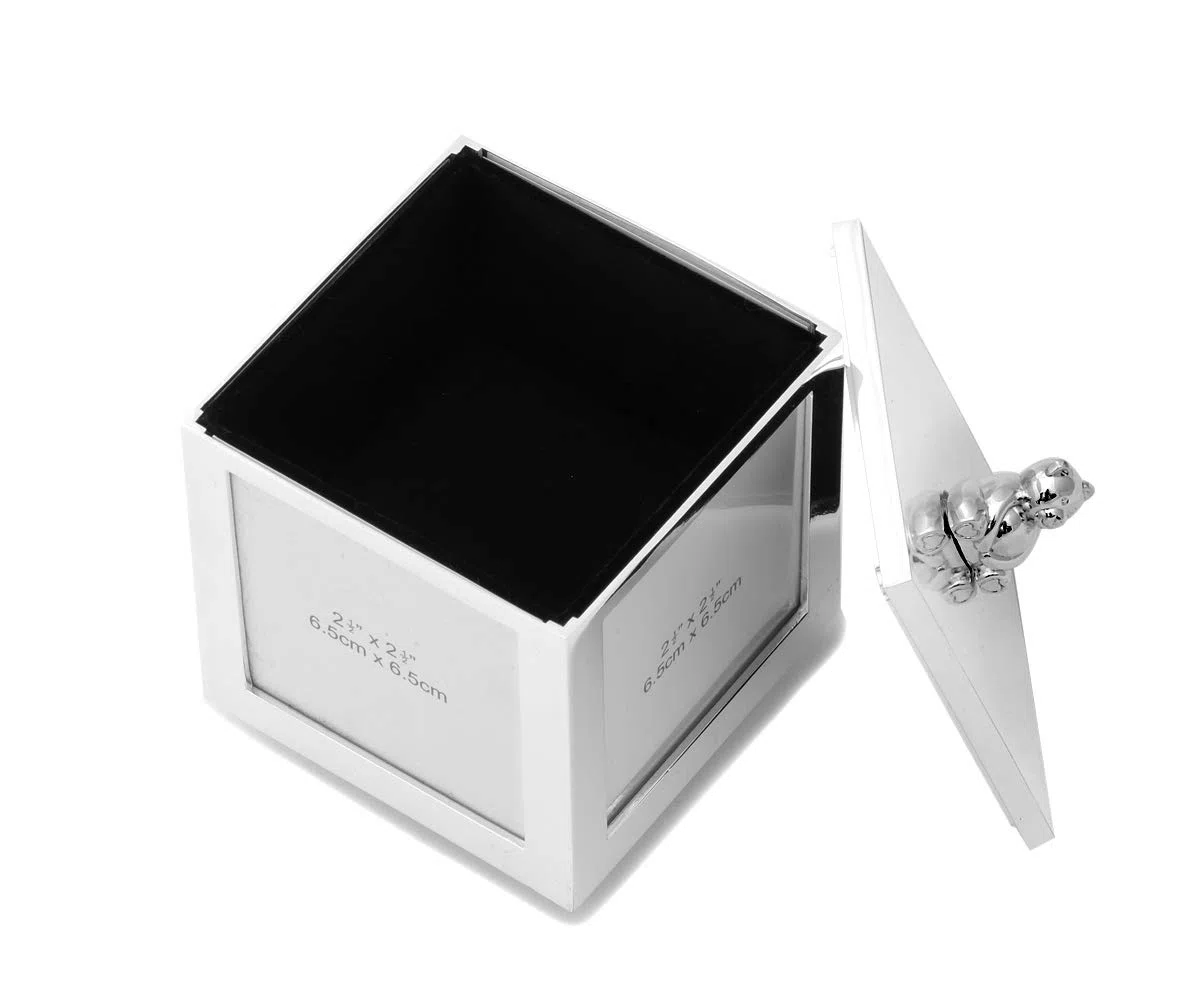 Design Fotobox mit Musikspieluhr silber glänzend sich drehende Erinnerungsbox mit Spieluhr Melodie Funkel, funkel, kleiner Stern (Gravur bis 30 Zeichen)