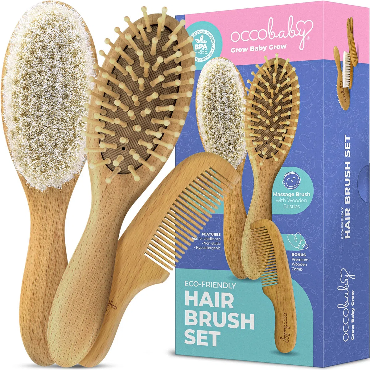 OCCObaby 3teiliges HolzBabybürste und KammSet | Babykamm für Wiegenkappe | Babykamm und BürstenSet für Babypflege | BabybürstenSet für Neugeborene | BabyKopfhautbürste für Wiegenkappe |