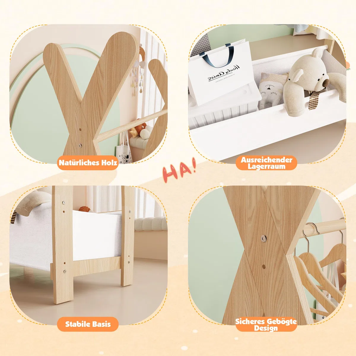 KEEPREAPER Kinder Kleiderständer Holz, Garderobenständer mit Aufbewahrungskiste und Kleiderstange, Kindergarderobe für Kinderzimmer, Mädchen (82 x 43 x 180cm)
