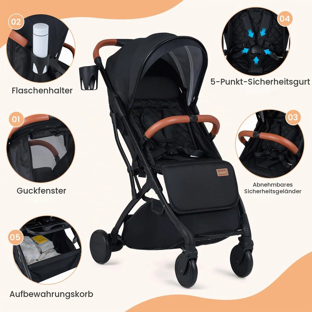 COSTWAY Kinderwagen klappbar mit Regenschutz, Reisebuggy mit verstellbarem Rückenlehne, Fußstütze, Verdeck & Griff, Babywagen mit Liegefunktion, Buggy für Baby bis 3 Jahren, 15 kg belastbar (Schwarz)