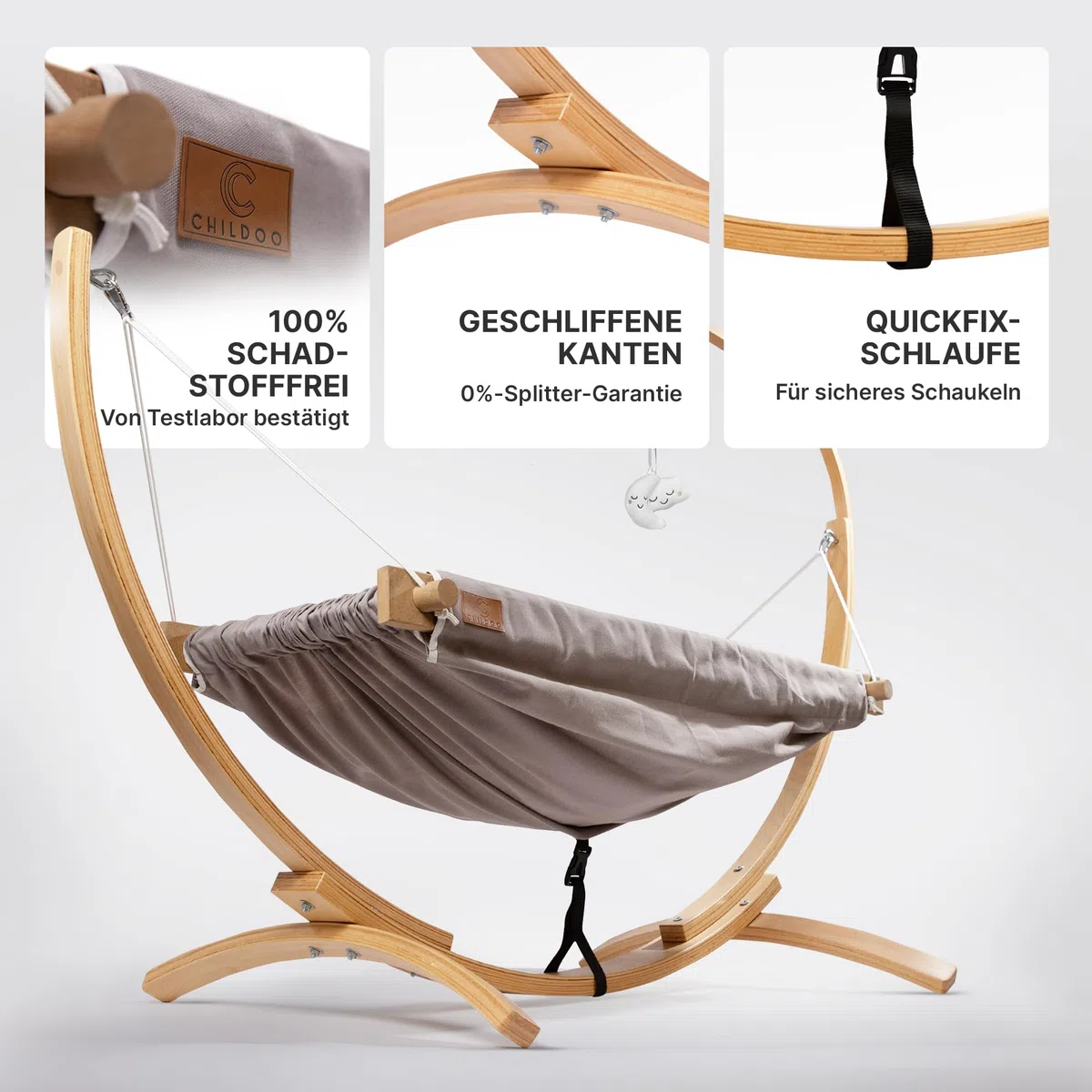 Baby Hängematte [QuickFix-Schlaufe] Babywiege Babybett Federwiege mit Gestell Kinderschaukel Babywippe für Kinderzimmer, Esszimmer, Wohnzimmer | Grau