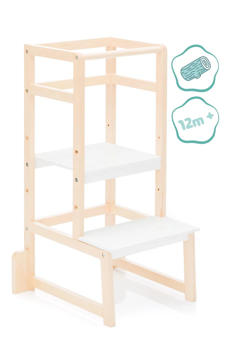 Fillikid Kinder Lernturm | Entdeckertum mitwachsend aus Buchenholz | Lerntower Montessori Lernstuhl ab ca. 1 Jahr | Küchenhelfer höhenverstellbar, extrem kippsicher
