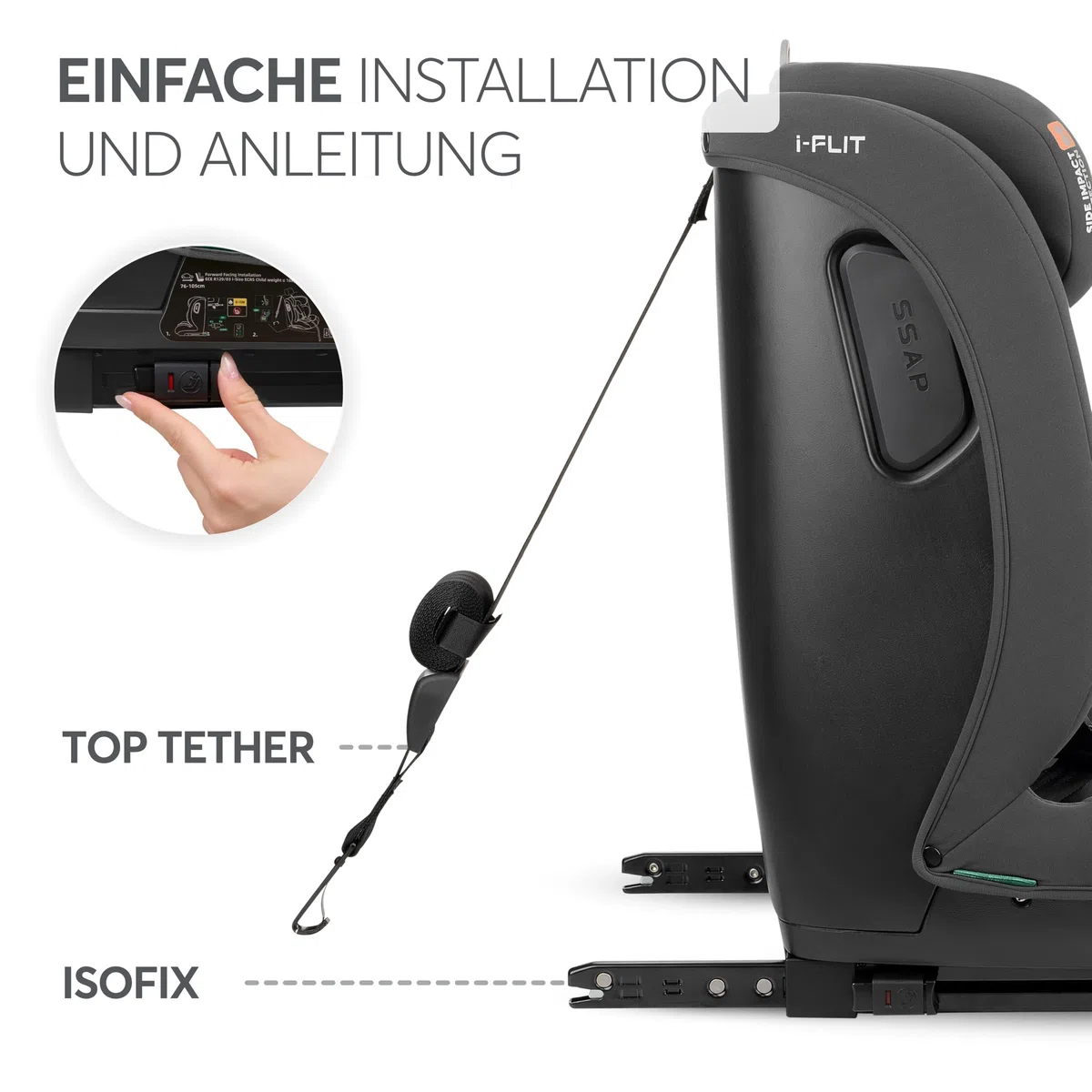 KikkaBoo i-Size i-­FLIT, Kindersitz 9-36 kg ISOFIX, Autokindersitz 76-150 cm, Gruppe 1/2/3, 15 Monate bis 12 Jahre, SPS Seitenschutz, Top Tether, Verstellbare Kopfstütze, Dunkelgrau