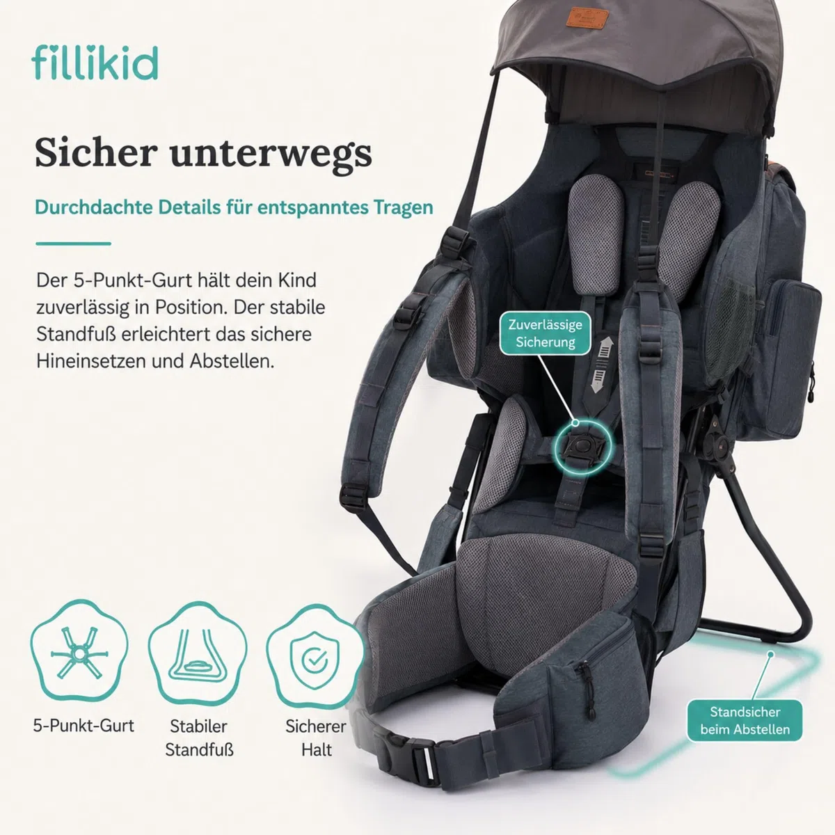 Fillikid Premium Babytrage Rückentrage Baby | Rücken Babytrage mit Sonnendach & großen Staufächern | Kraxe zum Wandern mit Baby Kleinkind | Tragesitz bis 20 kg | Kindertrage Ultra leicht