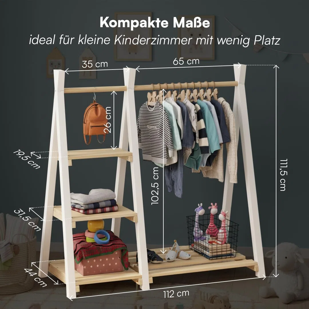 Bellabino Ryck Kleiderstange für Kinder – Kleiderständer aus Massivholz Natur/Weiß mit 4 Ablageflächen – Montessori Kindergarderobe für Jungen & Mädchen – Garderobe mit Schuhablage für Kinderzimmer