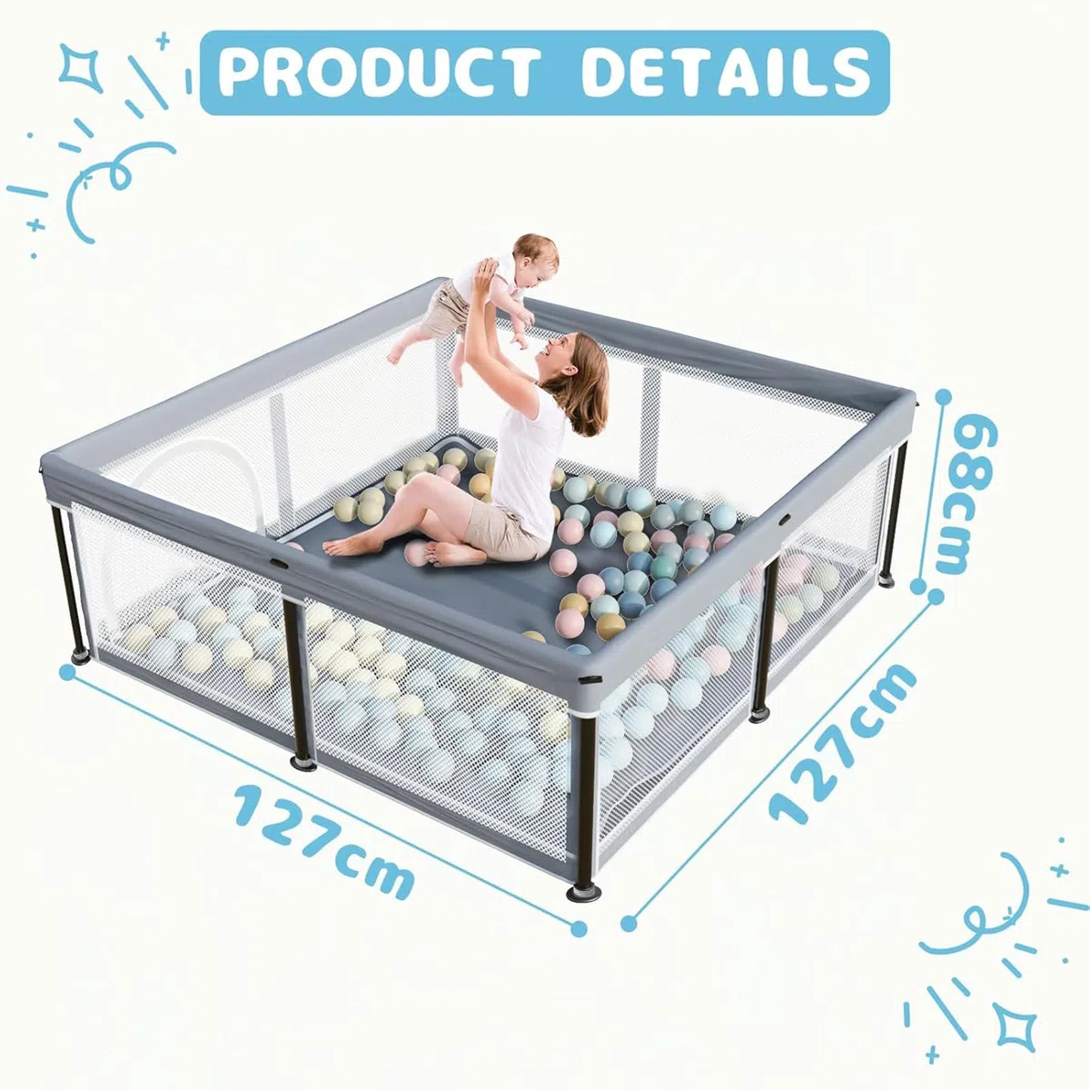Laufstall Baby mit Matratze, Indoor & Outdoor Laufgitter Baby, Laufstall Baby Faltbar, Laufstall mit 50 Ozeanbällen (Grau, 127 * 127)