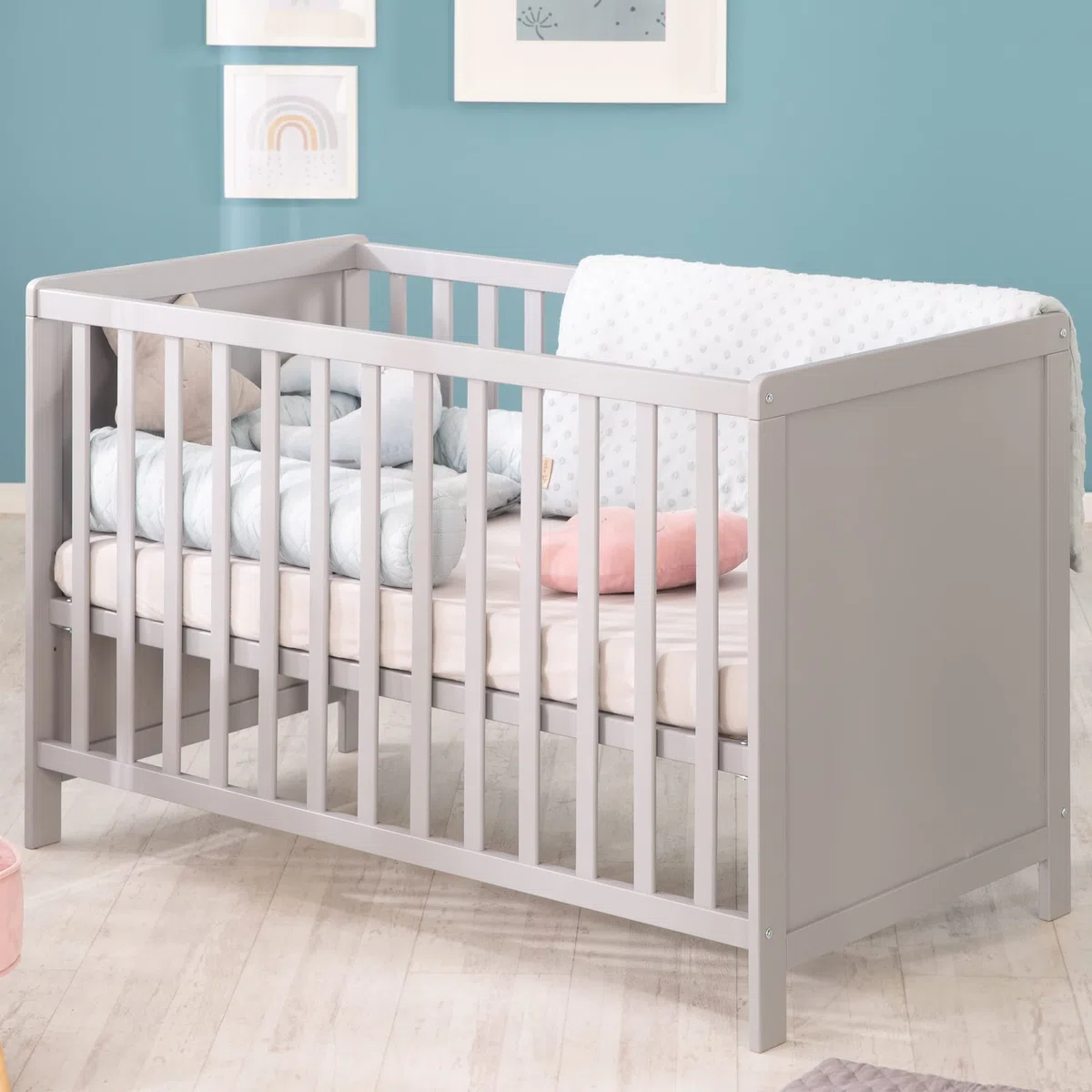 roba Babyzimmer Set 2 teilig - Wickelkommode Hamburg 2-türig mit Wickeltisch abnehmbar + Babybett 60 x 120 cm mit Funktion als Beistellbett - Holz grau