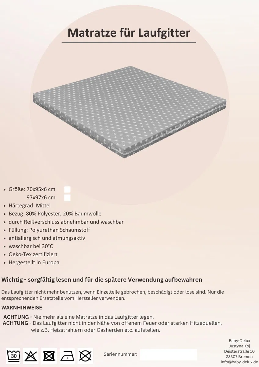 Laufgittermatratze 75x100 cm für Laufstall Laufgitter Schaumstoff Matratze Grey Stars Oeko-TEX