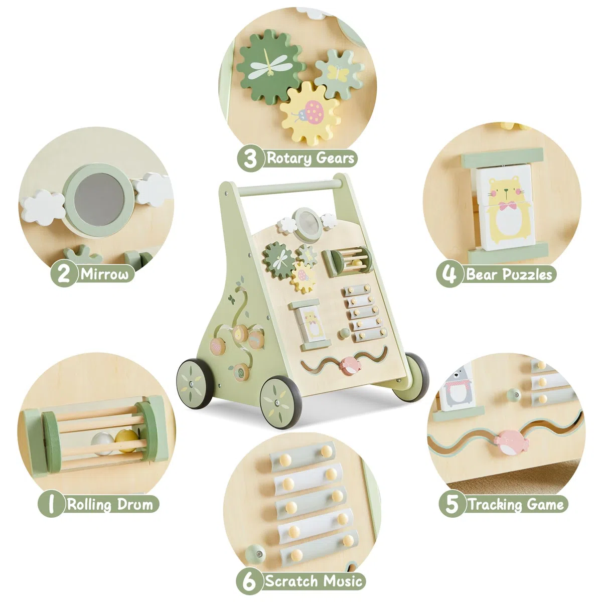 Beright - Holzwalker für Babys mit Schub- und Ziehlernaktivitäten, Aktivitätsspielzeug für Kinder, Multiaktivitätszentrum entwickelt motorische Fähigkeiten und stimuliert die