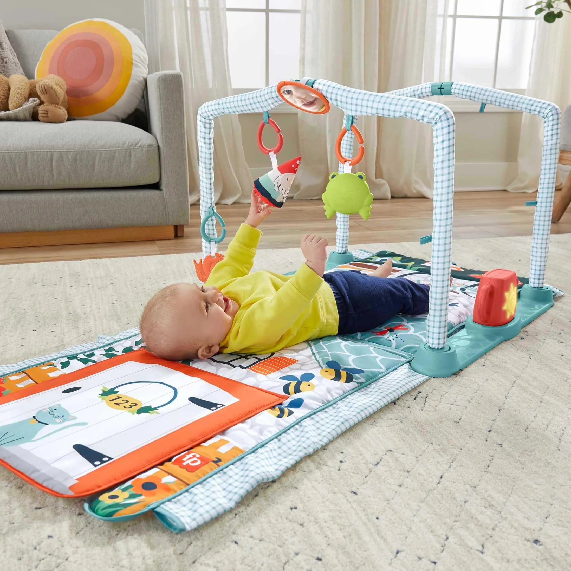 Fisher-Price HJK45-3-in-1 Kleine Ferienhaus Spieldecke, Spieldecke für das Spielen in Bauchlage und Tunnel zum Hindurchkrabbeln mit Spielzeug für Babys und Kleinkinder ab der Geburt