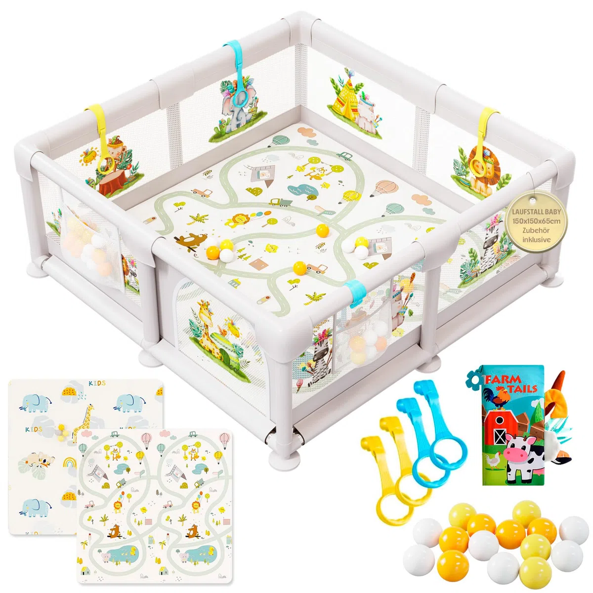 Baby Laufstall 150x150cm mit Illustrationen, Gepolsterter Spielbereich mit Wendbarer Matte, Stoffbuch, Bunten Bällen und Halteringen