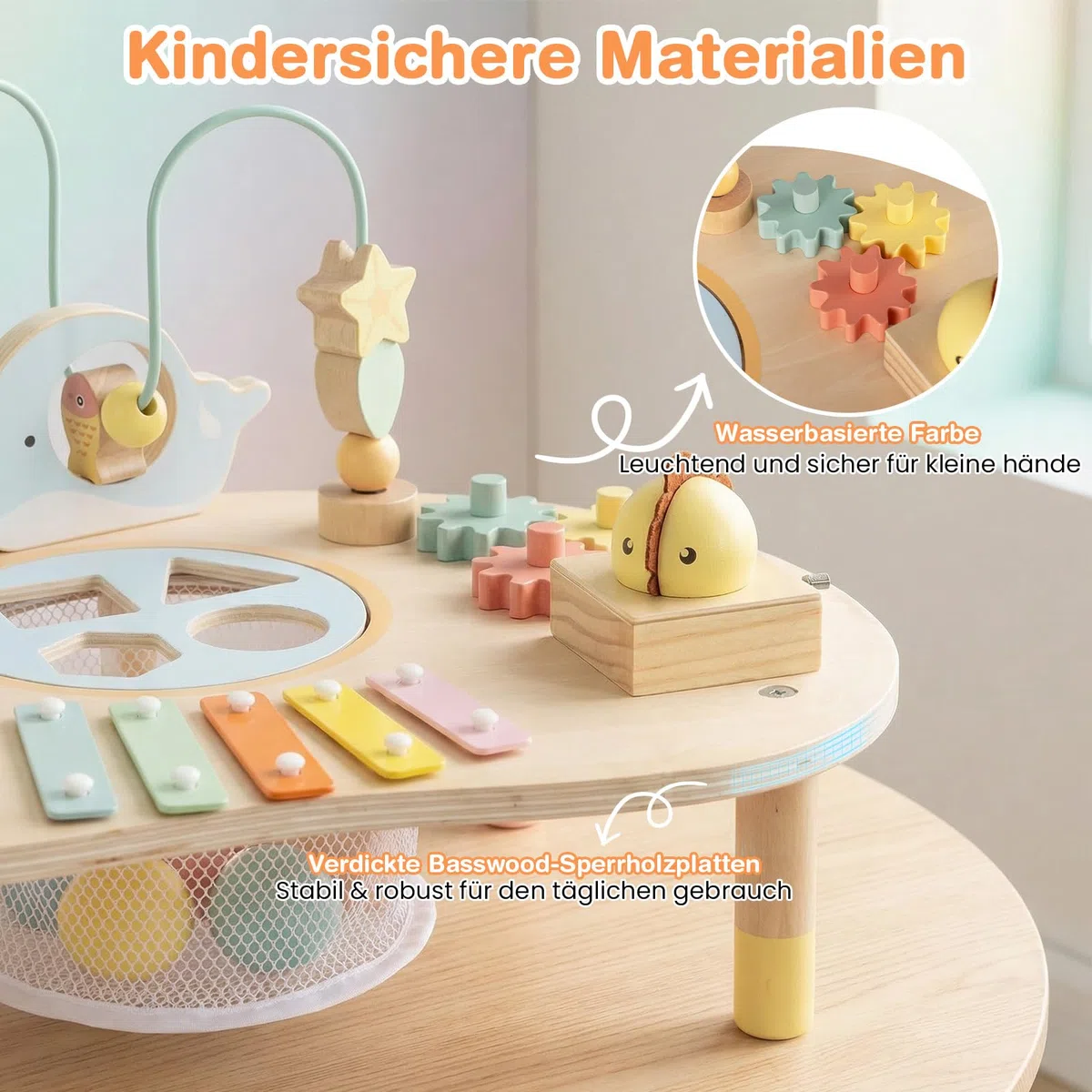 COSTWAY Aktivitätstisch Holz, Baby Montessori Spieltisch mit Motorikschleifen, Angelspiel, Xylophon, Spieluhr, Formensortierer, Motoriktisch Lernspielzeug für Kinder ab 1 Jahr