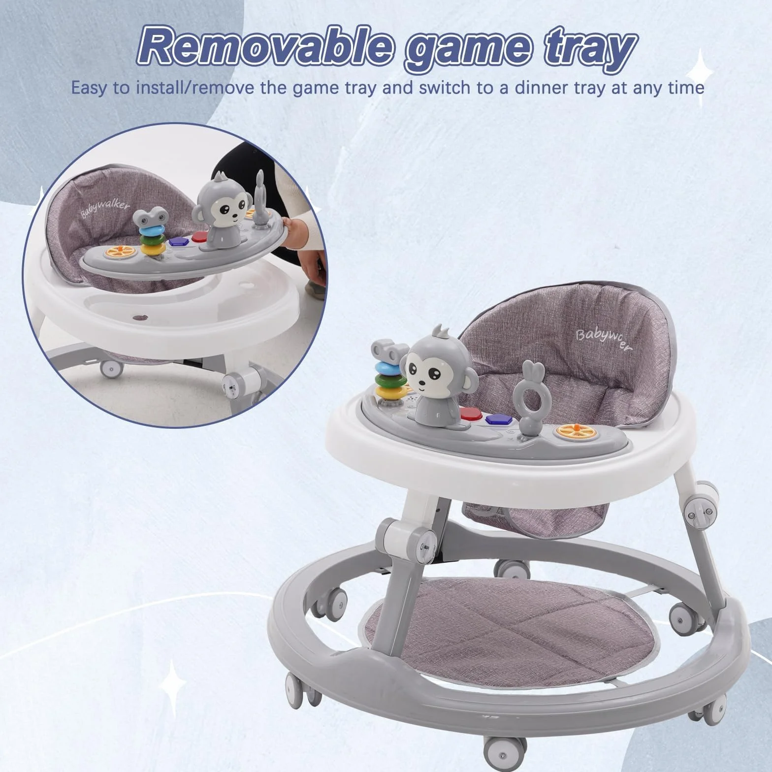 Lauflernhilfe Babywalker 5in1,mit Musikalisches Spielzeug und Herausnehmbarem Essteller,360-Grad-Rädern ohne Geräuschentwicklung,Faltbare Lauflernwagen Laufhilfe babys ab 0+ Klappbar Grau