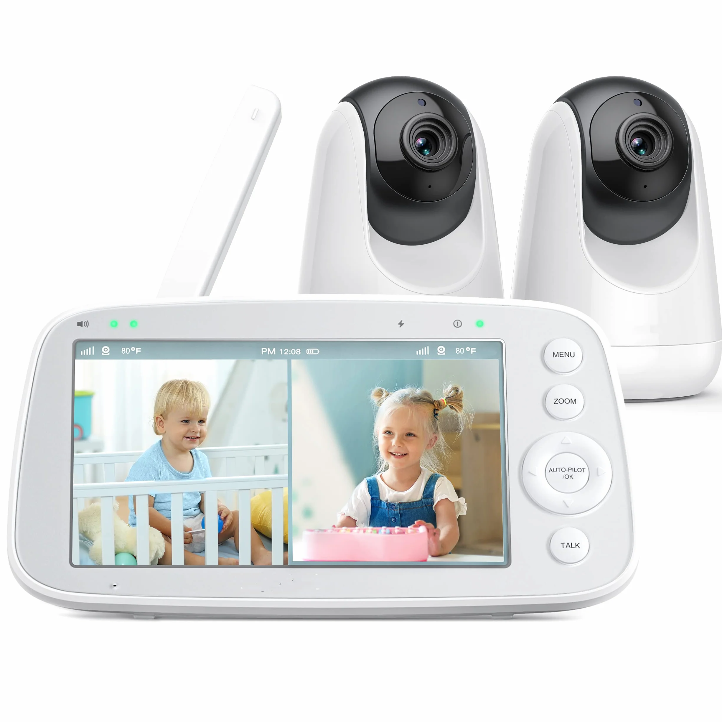 Babyphone mit teilbarem Bildschirm, 5" 720P mit 2 Kameras, Audio und Video Überwachung, Schwenken Neigen Zoom, 300m Reichweite, 4500mAh Akku, Infrarot Nachtsicht und Wärmemonitor