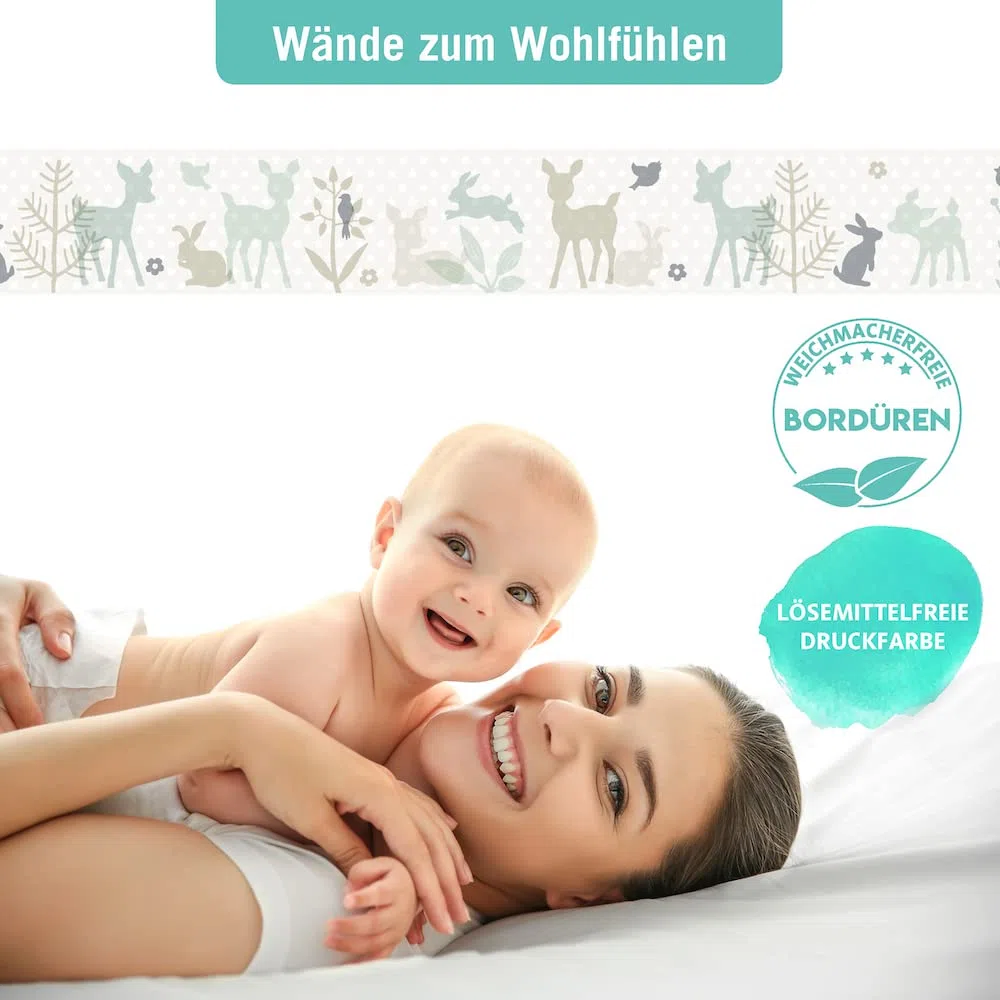Bordüre selbstklebend HÄSCHEN & REHE MINT/GRAU/BEIGE - Wandbordüre Kinderzimmer / Babyzimmer mit Hase und Reh - Wandtattoo Schlafzimmer Mädchen & Junge, Wanddeko Baby / Kinder