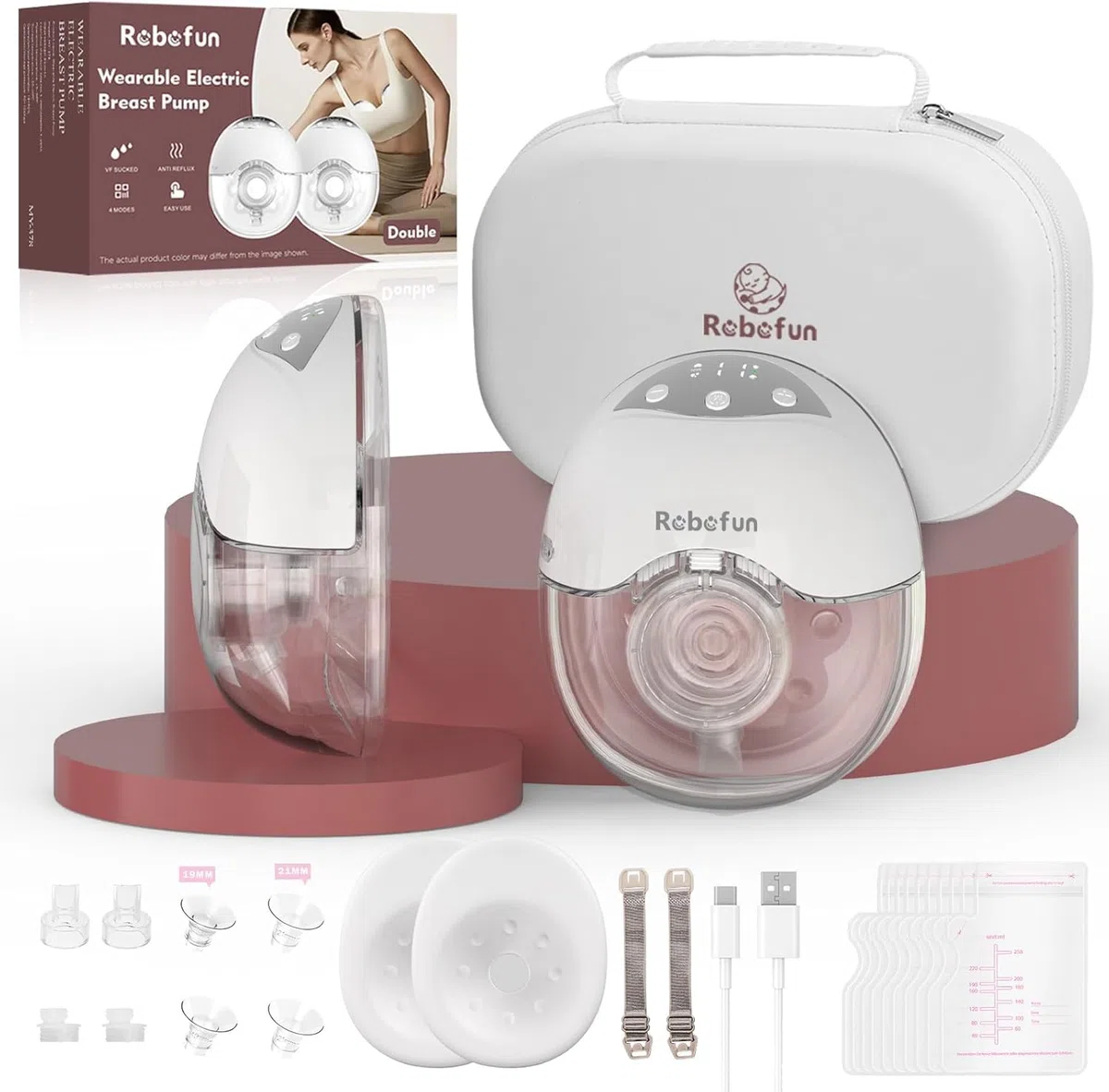 Robofun 2er-Pack Milchpumpe Elektrisch Freihändig, Leise Doppelmilchpumpe, 4 Modi und 12 Saugstufen, Elektrische Milchpumpe Handsfreemit Staubschutzdeckel, Breast Pump Electric,19mm/21mm/24mm Flansch