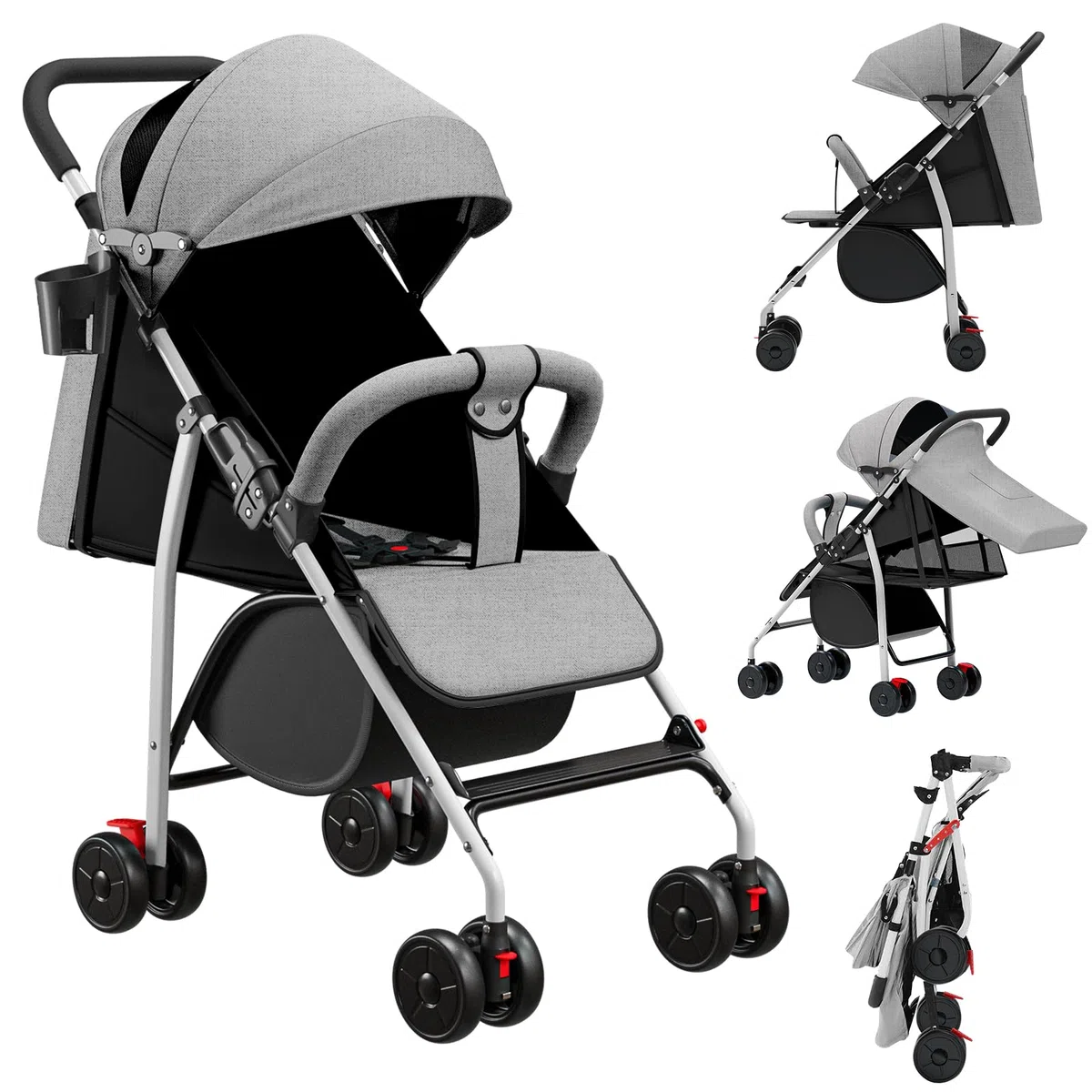 OHMG Buggy Kinderwagen ab 6 Monate bis 4 Jahre,stroller,Baby Sportwagen,Leichtes Kinderwagen-Buggy,PU-Räder,5-Punkt-Gurt,Faltbar,Moskitonetz,Getränkehalter,bis 22 kg (C-Grau)