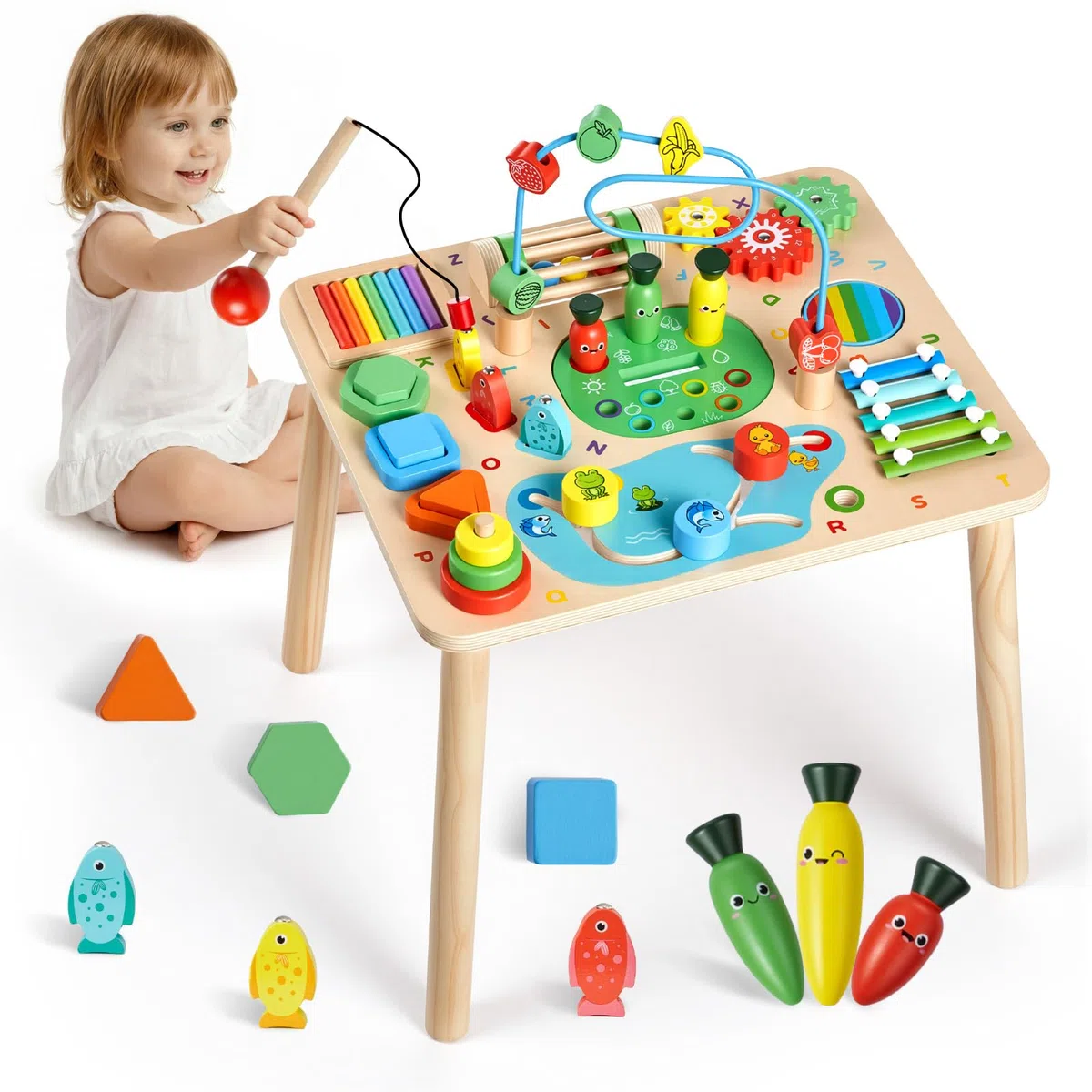 VEVOR Holz Aktivitätstisch, Montessori Spielzeug, 13-in-1-Lerntisch, Spieltisch Aktivitätstisch für Kinder ab 6 Monaten, Geburtstag, Weihnachten oder Kindertag, 6-36 Monate