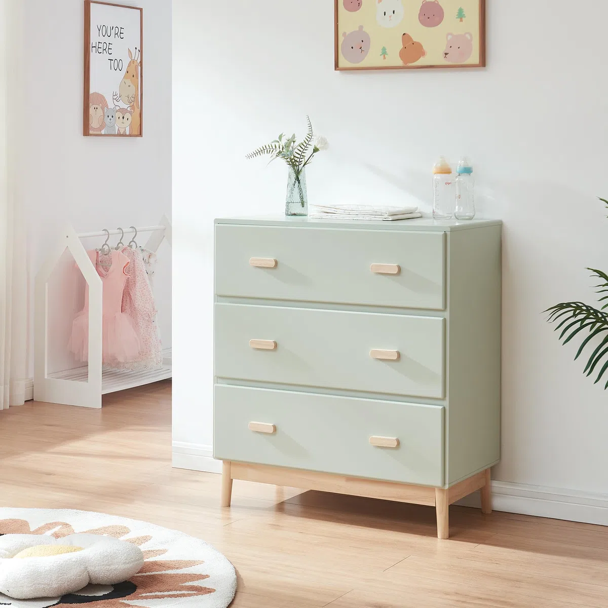 [en.casa] Wickelkommode Sarievn 100 x 80 x 53 cm Wickeltisch mit abnehmbarer Wickelauflage Kommode mit 3 Schubladen Mintgrün