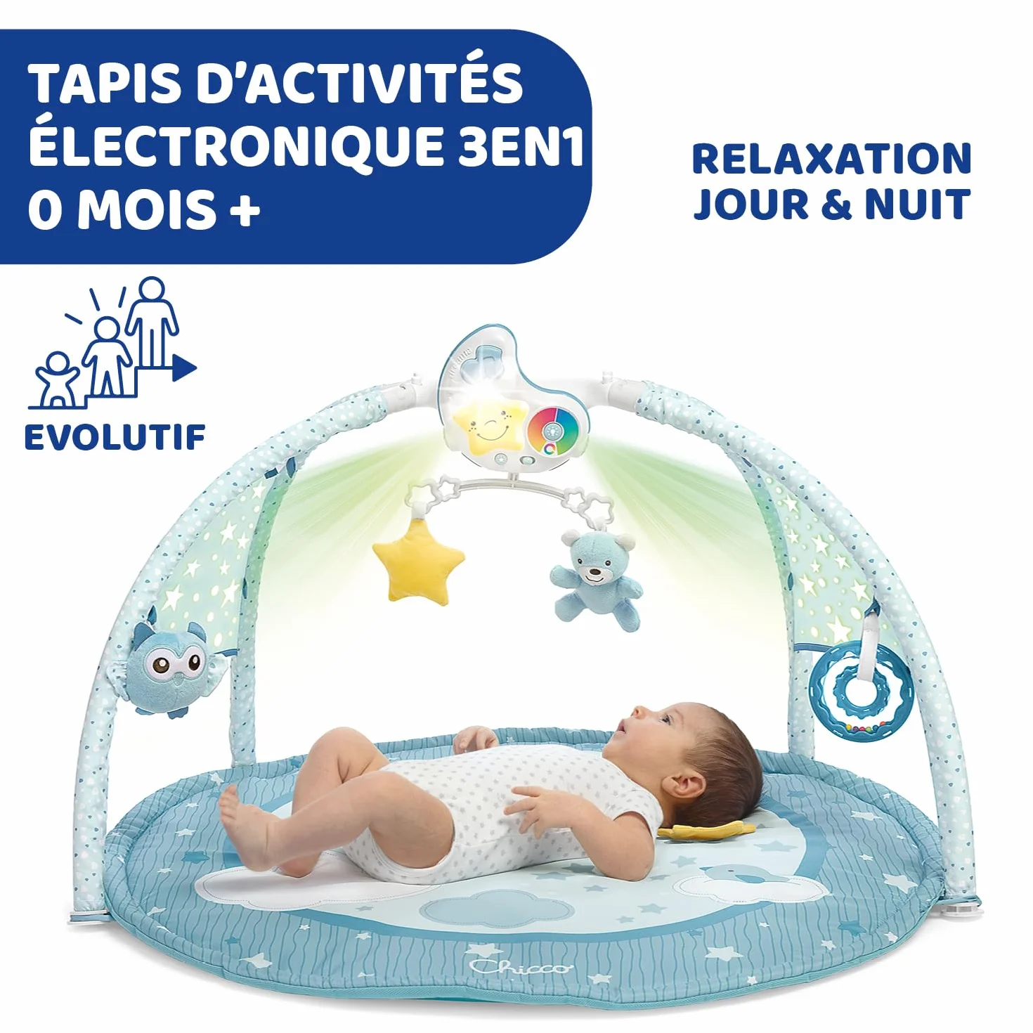 Chicco Spielmatte 3in1, Multifunktionsspielbogen für Neugeborene,Baby Aktivitätendecke, Sternenprojektor, abnehmbarem Baby-Nachtlicht mit entspannender Musik - Babyspielzeug, ab 0 Monate, Blau