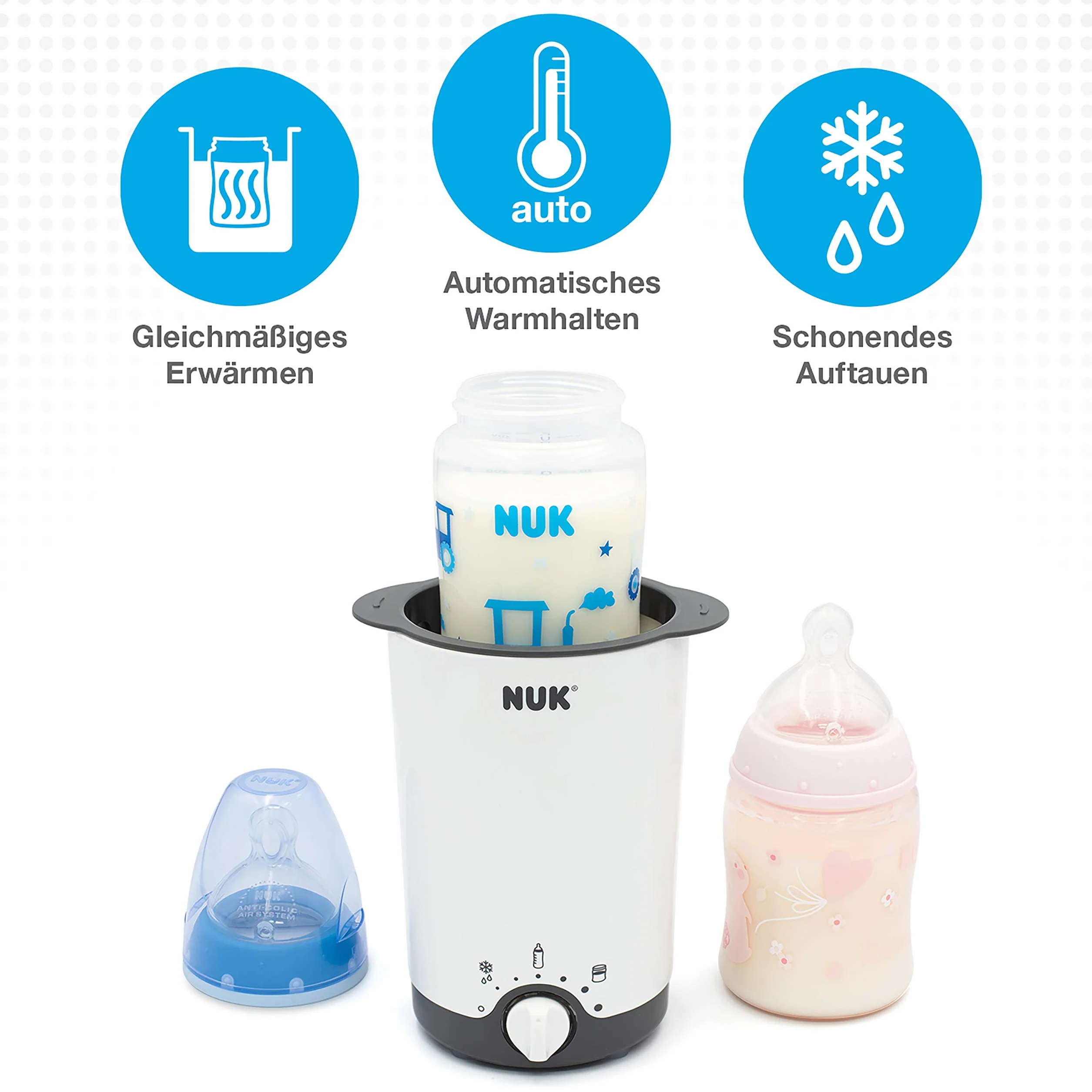NUK Vario Express Dampf-Sterilisator Modular für bis zu 6 Babyflaschen, 1 Stück & Thermo 3 in 1 Flaschenwärmer, zum einfachen, sicheren und schonenden Erwärmen, 1 Stück (1er Pack)