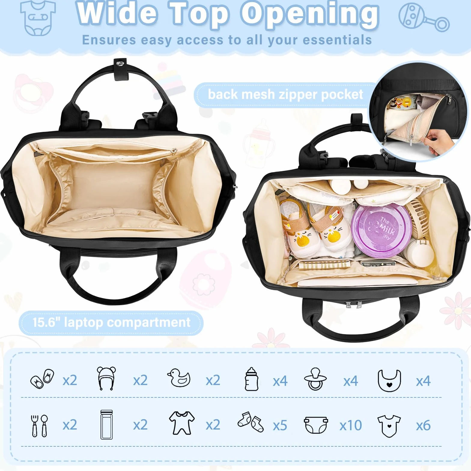 RAINSMORE Baby Wickelrucksack Groß mit Mobiler Wickelauflage Multifunktions Wickeltasche Kinderwagen Rucksack Wasserabweisend Babytasche Diaper Bag für Mama und Papa Schwarz