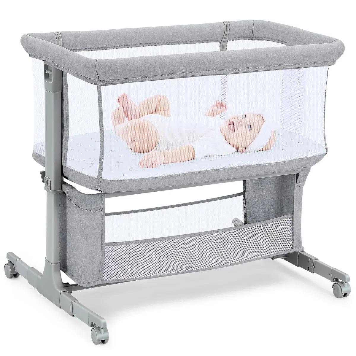 Beistellbett Baby Bettseitiger Bassinet für Neugeborene Tragbar mit Rädern Höhenverstellbar Hellgrau