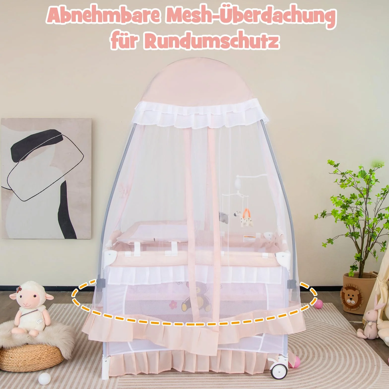 COSTWAY 4 in 1 Babybett mit abnehmbarem Baldachin, Reisebett mit Matratze, Wickelauflage, Spielbogen & Musikbox, Beistellbett mit Rollen, Kinderreisebett faltbar für 0-36 Monate Baby (Rosa)