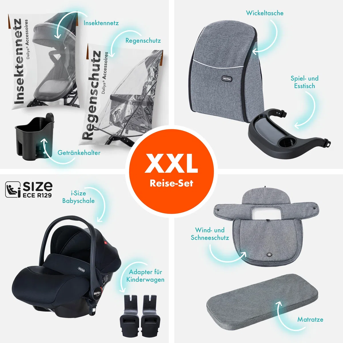 Daliya BAMBIMO 3in1 Kinderwagen & Buggy Set mit i-Size Babyschale ECE R129 Kombikinderwagen ab Geburt bis 22 kg pannensichere Räder Federung höhenverstellbar Dunkelgrau Rahmen Schwarz