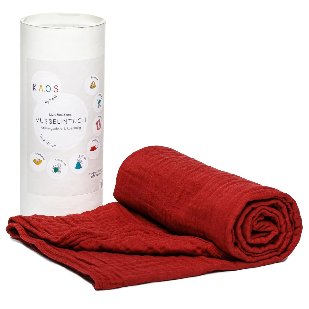 K.A.O.S by T&M Premium Musselin Babydecke/Kuscheldecke/Musselintuch in Rot - Rotes Handtuch Geburt - 120x120 cm - 6-lagig - 100% Baumwolle - Geschenk zur Geburt Junge Mädchen