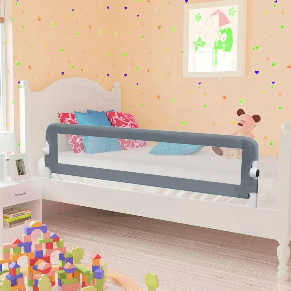 Sicherheitsbettgitter 150x42 cm Grau, Kleinkind-Bettschutzgitter aus waschbarem Polyester und Metallrohr, klappbar mit Taste auf jeder Seite, für Matratzen 10-20 cm, für Kinder