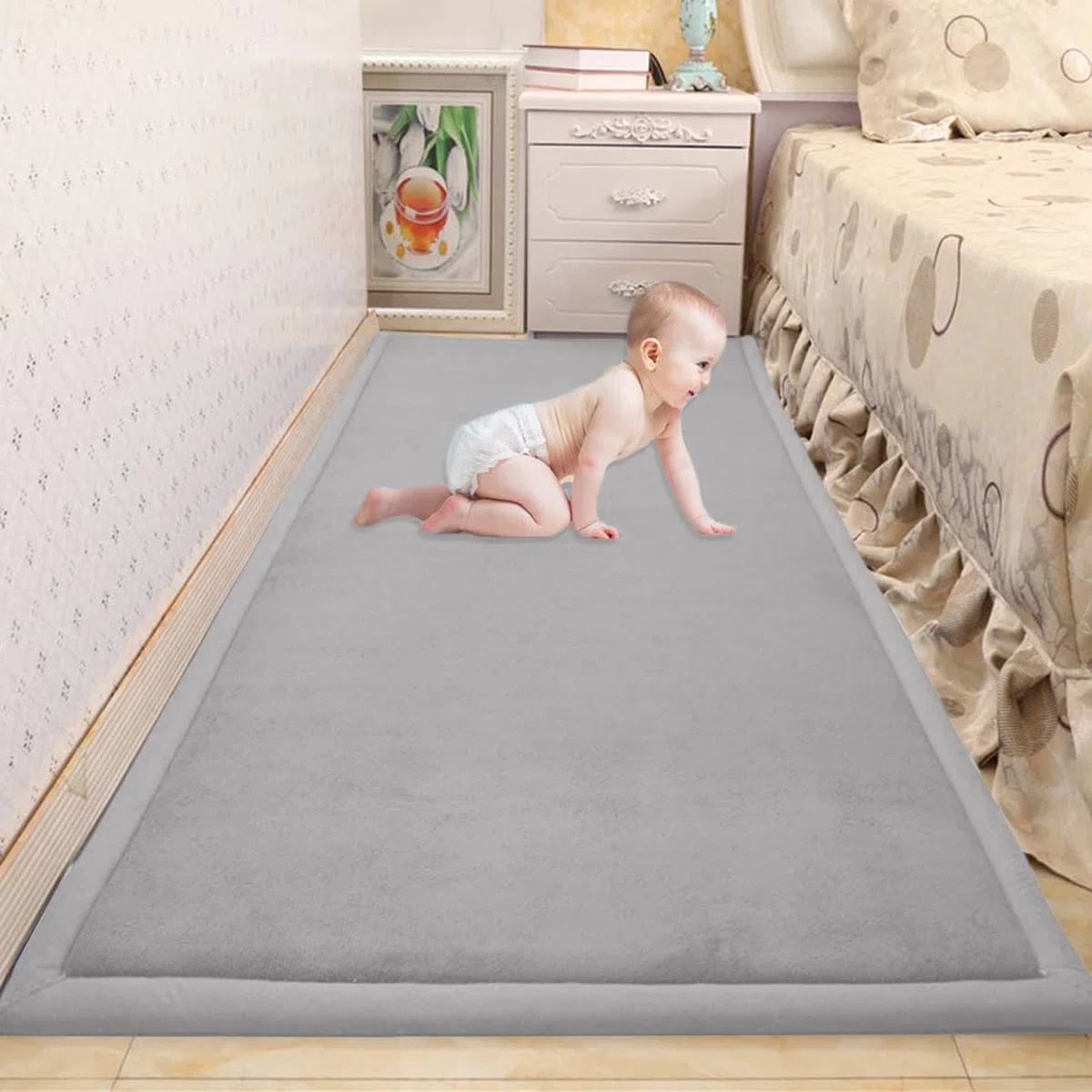 Baby-Krabbelmatte, großer Teppich, weicher Korallensamt, rutschfeste Tatami-Yogamatte, weicher Teppich für Wohnzimmer, Schlafzimmer (90 x 200 x 2 cm, Grau)
