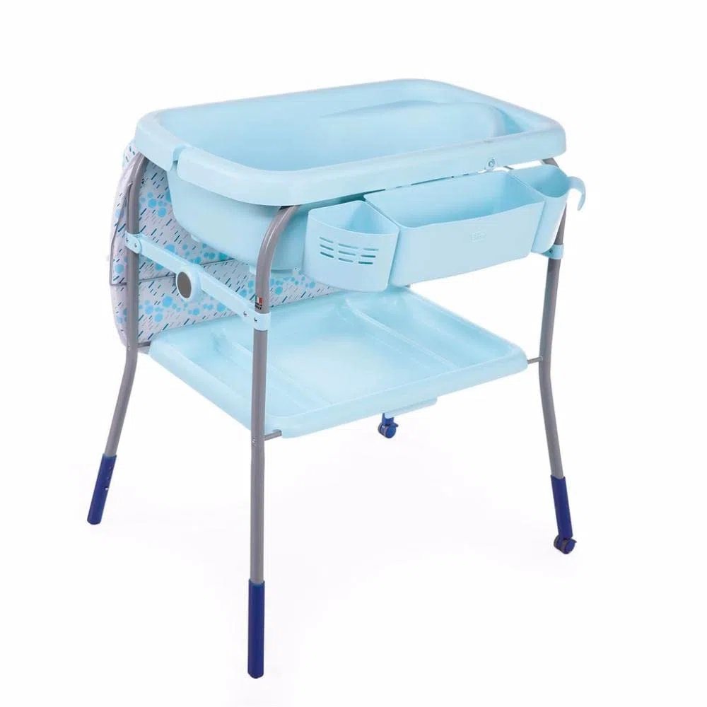 Chicco Cuddle & Bubble Ergonomische Babywanne mit Ständer und Wickeltisch mit Auflage und Weichem Reduzierkissen, Höhenverstellbar, Kompakte Schließung, Ablagefläche und 2 Räder, max. 11 kg