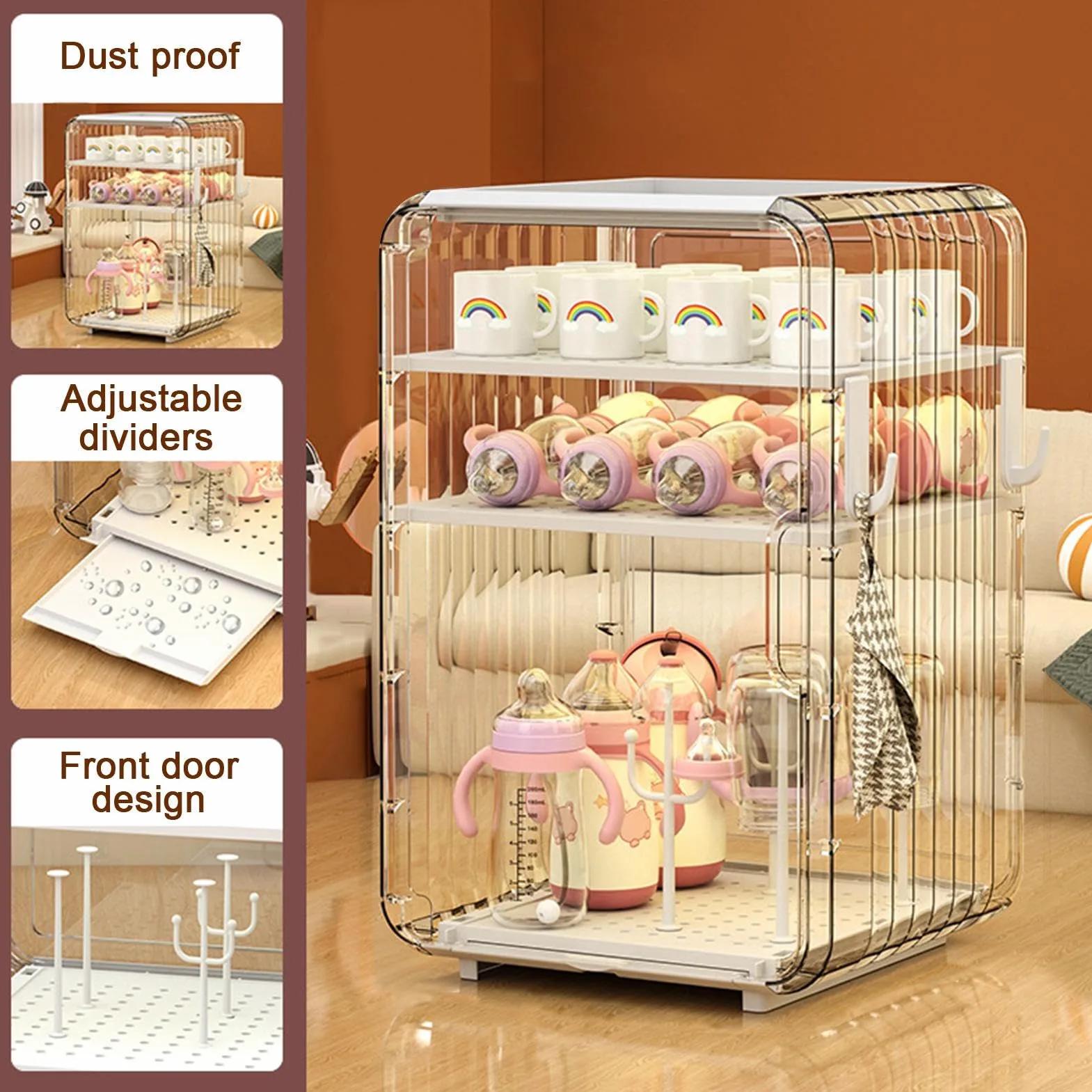 Transparenter vertikaler Organizer: Großer staubdichter Aufbewahrungsbehälter für Küche, Bad, Kinderzimmer, Schlafzimmer, Babyflaschen, Besteck, mit Trennwand