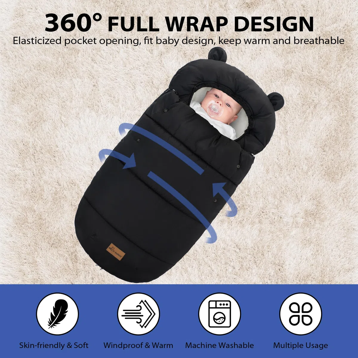 Universelle Fußsack für Kinderwagen, Baby Winterfußsack Fusssack Kinderwagen, Universal Fußsack für Babyschale Buggy, Schwarz