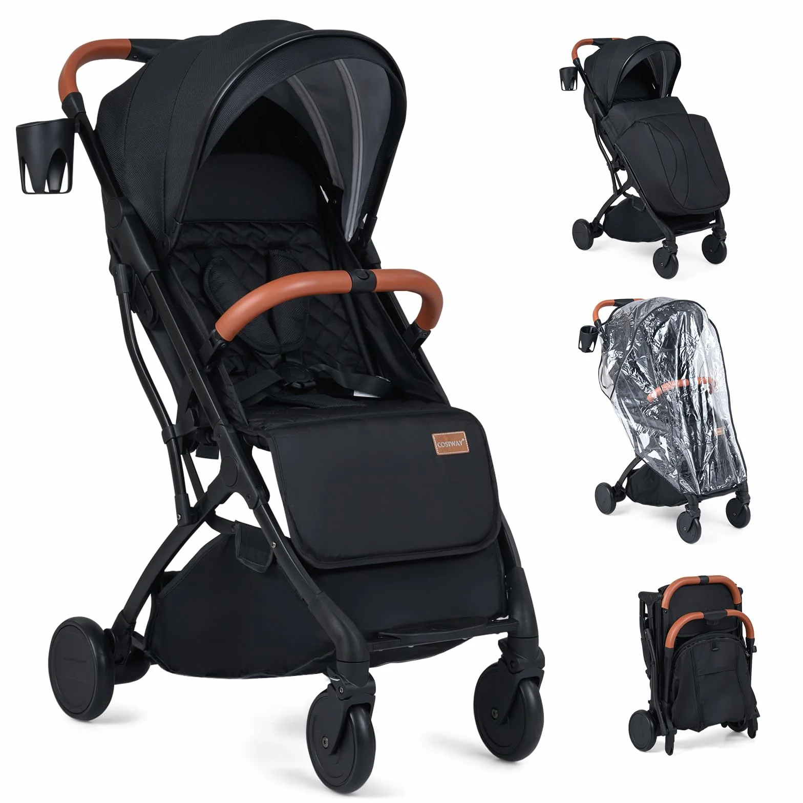 COSTWAY Kinderwagen klappbar mit Regenschutz, Reisebuggy mit verstellbarem Rückenlehne, Fußstütze, Verdeck & Griff, Babywagen mit Liegefunktion, Buggy für Baby bis 3 Jahren, 15 kg belastbar (Schwarz)