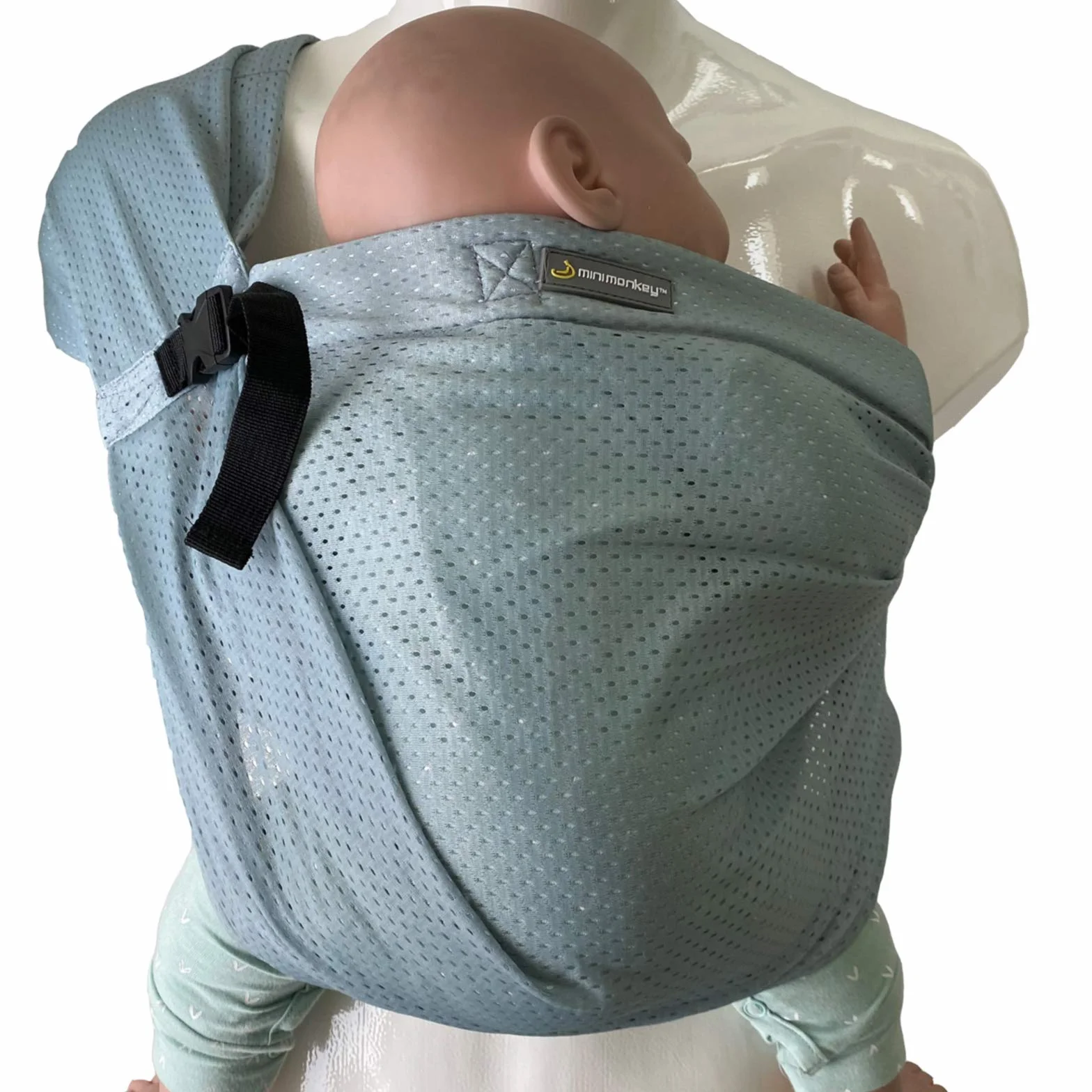 Minimonkey - Babytrage Mini Sling grün für Neugeborene ab der Geburt (0-2 Jahre) bis 15 kg - Ergonomische wasserdichte Sommertragetasche am Bauch - Tragen in M-Position - System