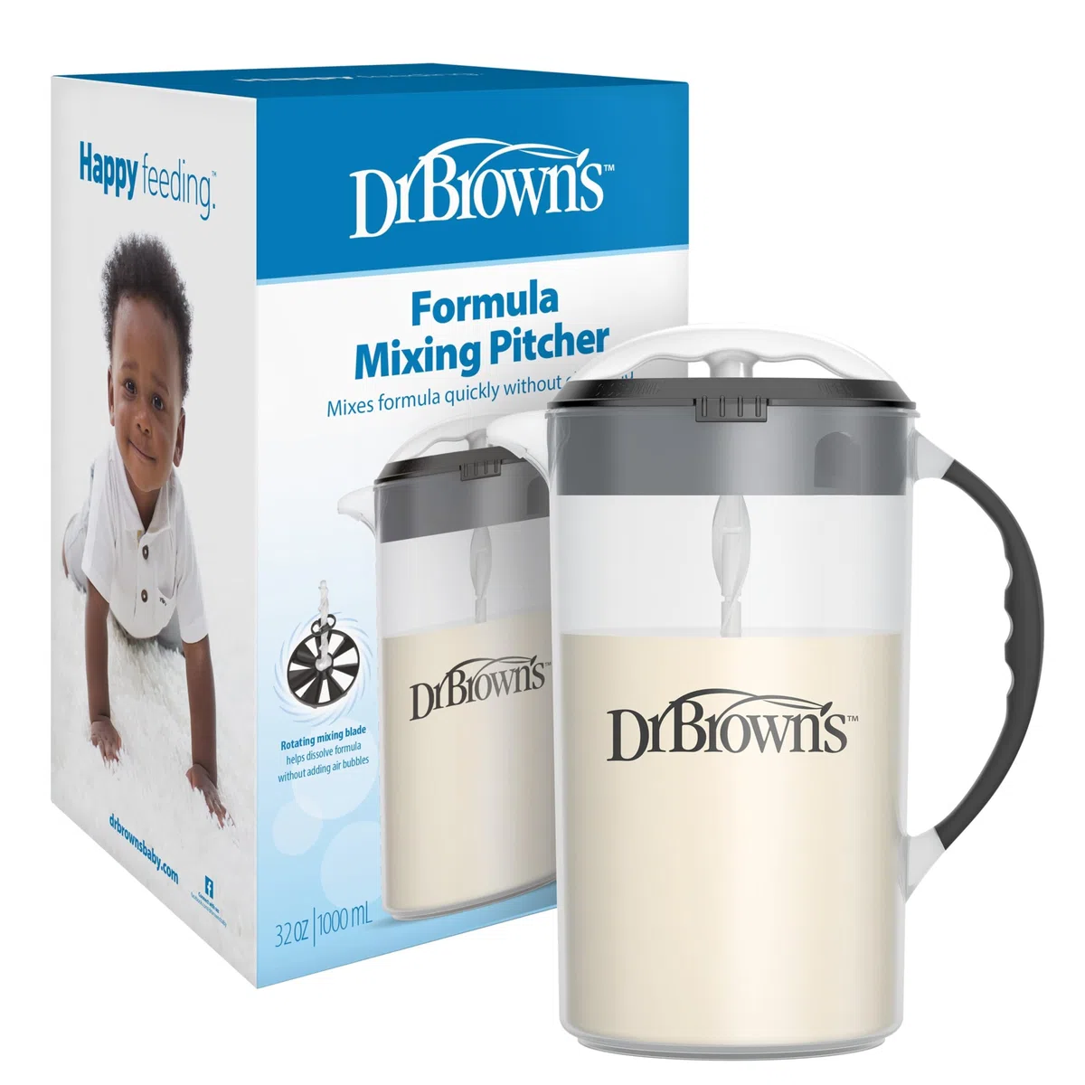 Dr. Brown's Baby Formula Rührkrug mit verstellbarem Stopper, verschließbarem Deckel, ohne Tropfauslauf, 907 ml, BPA-frei, schwarz