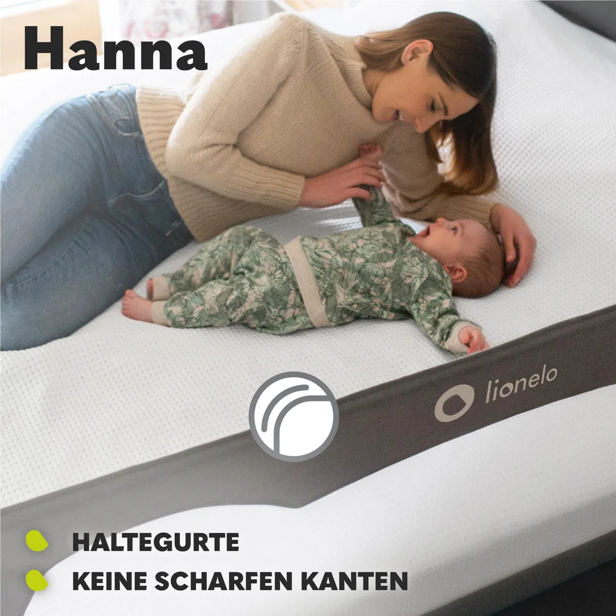 Lionelo Hanna Bettgitter Rausfallschutz 150 cm x 66 cm, zusammenklappbar um 180 Grad, luftiges Netz, einfache Montage, Standsafe-Blockade, SecureBelt, stabile Konstruktion