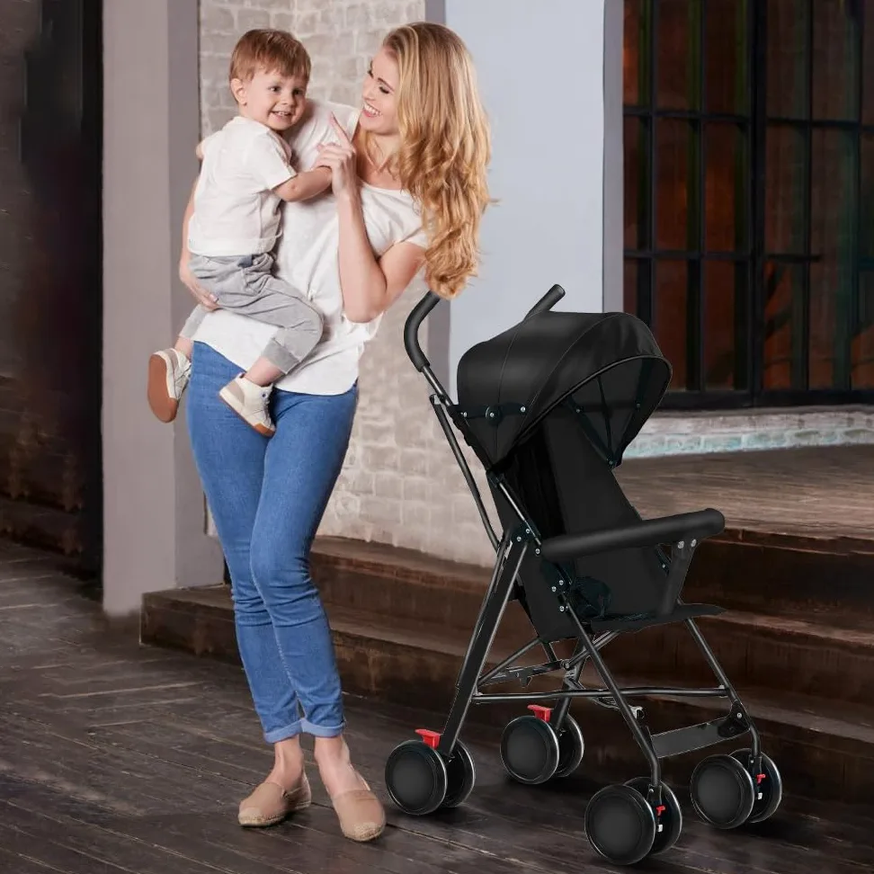 OHMG Kompakter Buggy,Baby Sportwagen,Kinderwagen,ab Geburt bis 4 Jahre Bis zu 25 kg,Leichtes Kinderwagen-Buggy,faltbar und kompakt,mit Baumwollmatte + Moskitonetz (D-Schwarz)