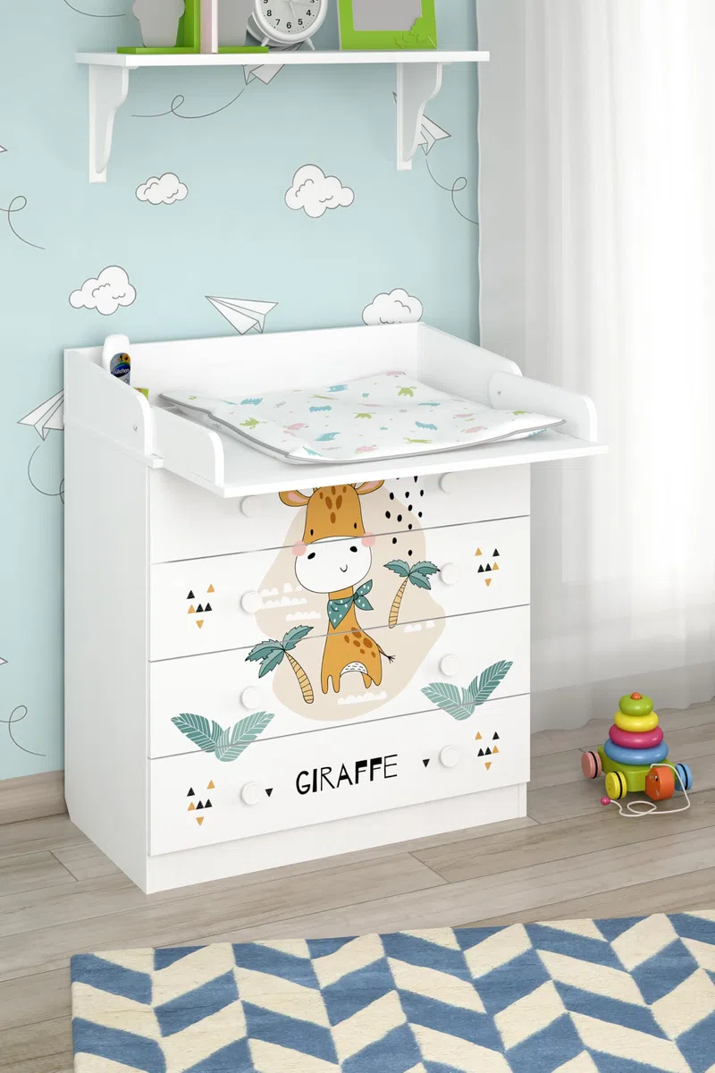Shefa 800 Kids Baby Changing Table White Giraffe Chest of Drawers with 4 Drawers and Changing Unit