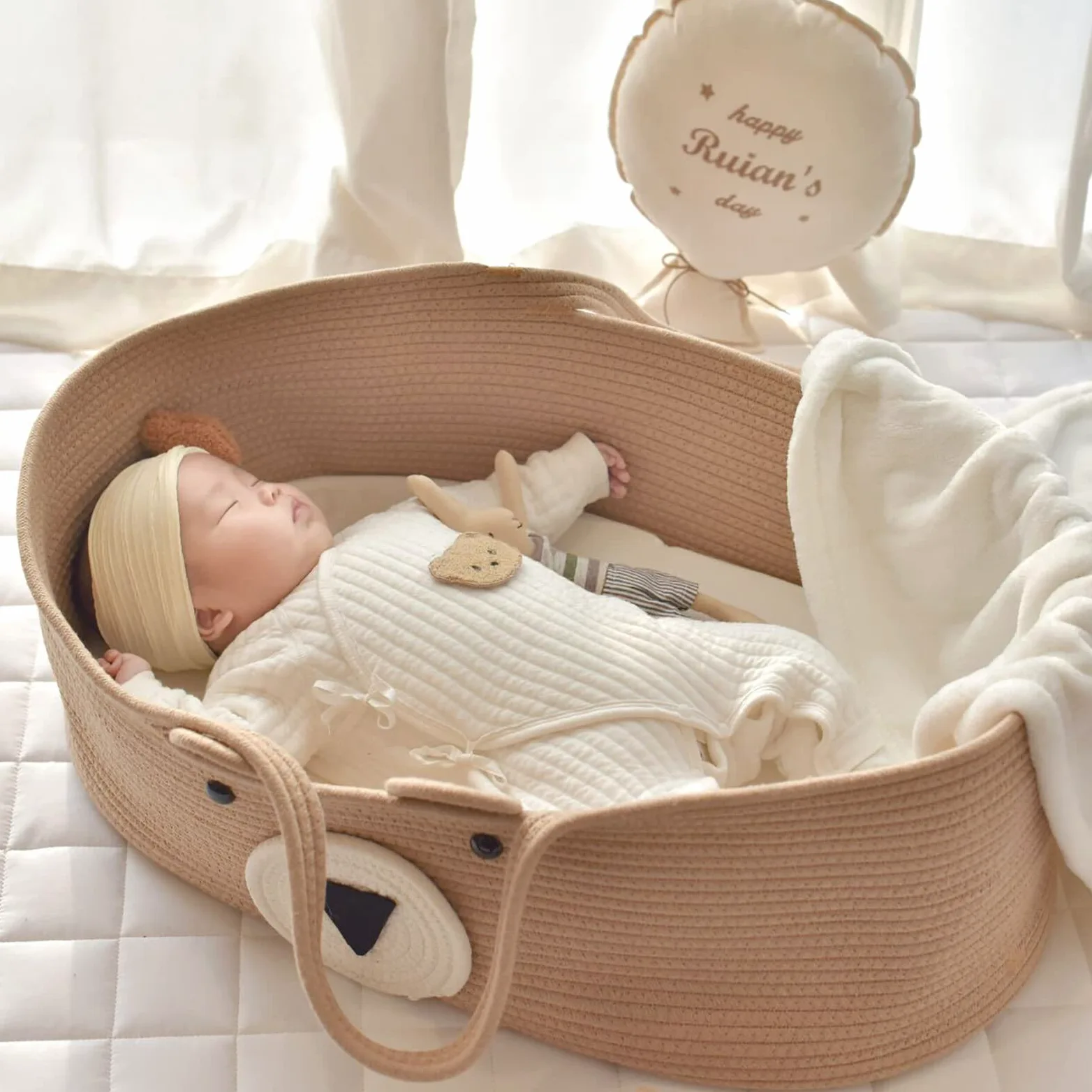 Baby Moses Basket Portable Baby Bed Handheld Moses Basket Cotton Rope Infant Bed Carrycot Baby Bedding Baby Sleeping Bag for Outdoor Travel Car