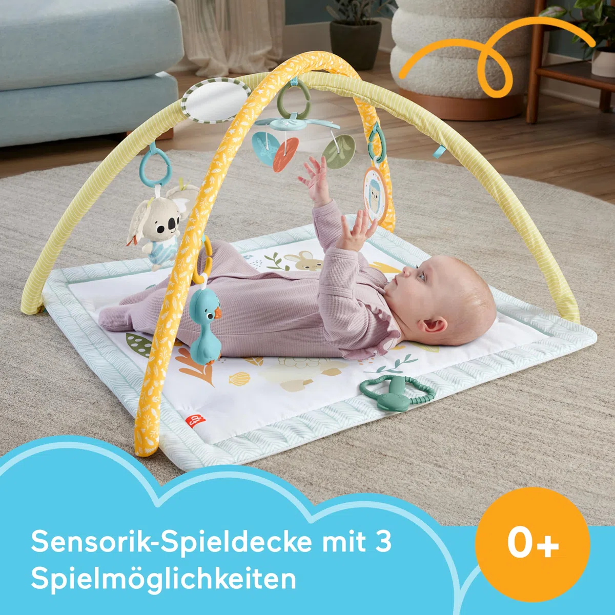 Fisher-Price Simply Senses Spielmatte für Neugeborene | Waschbare Baby-Spielmatte und 6 Aktivitäts-Spielzeuge, Mobile, Sinnesförderung und Motorik, ab 0 Monaten, JMN74