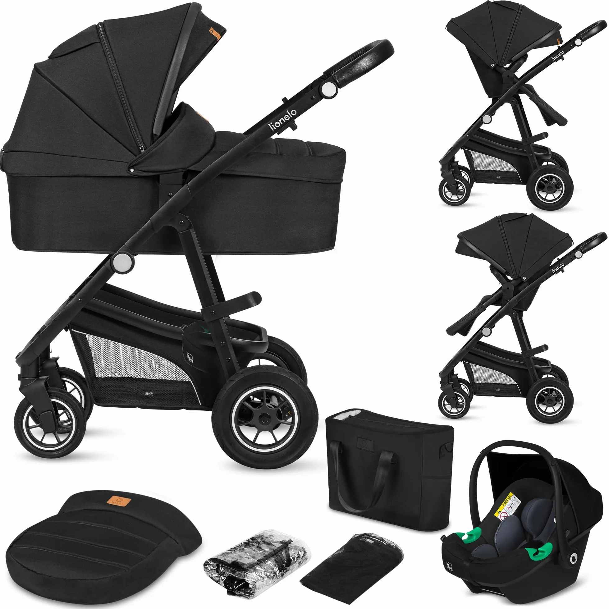 LIONELO BIANKA Kinderwagen 3 in 1 bis 22 kg Babywanne Autositz Reise-System Zusammenlegbar Stoßdämpfer Verdeck XXL