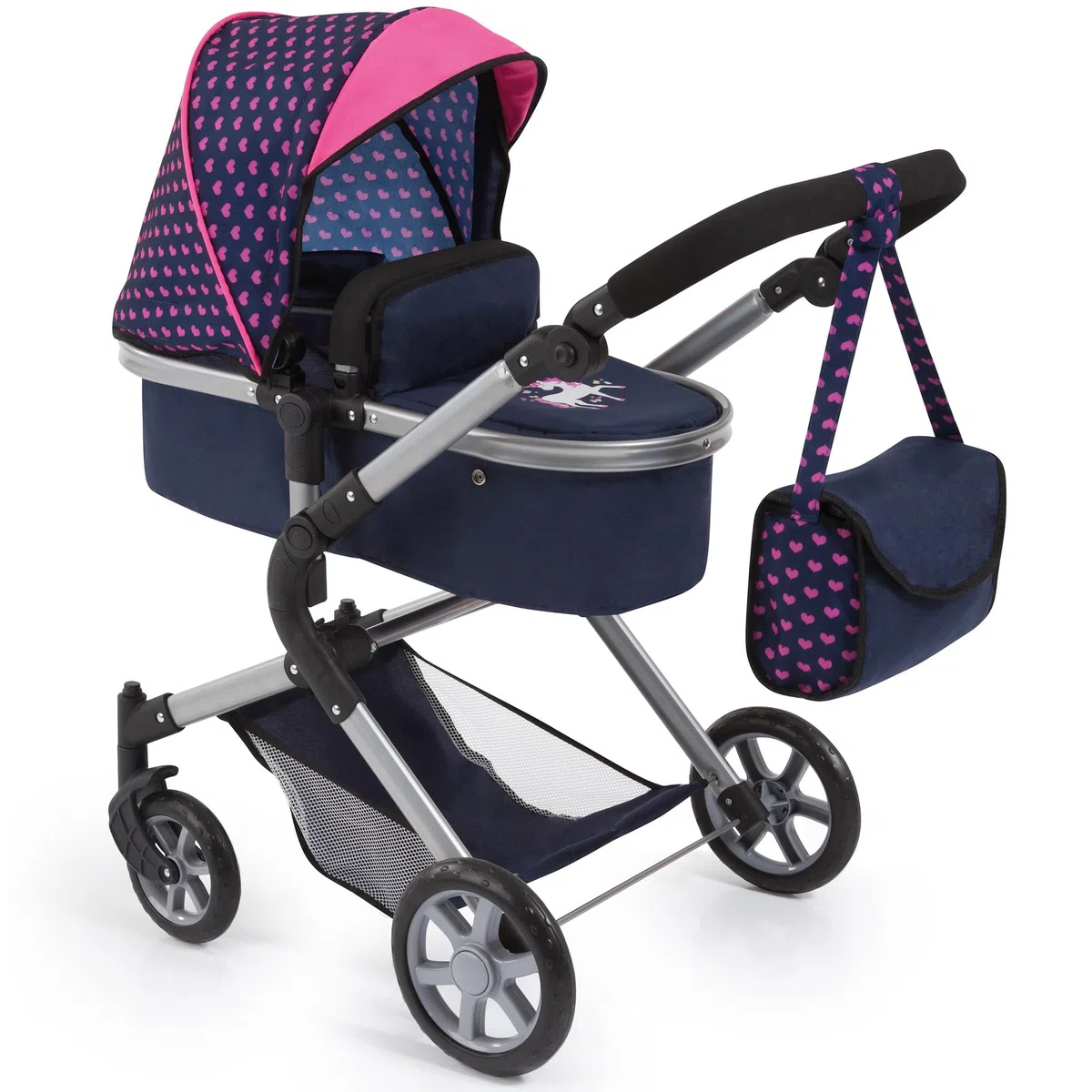 Bayer Design 18154AA City Neo Puppenwagen mit Wickeltasche und Einkaufskorb / umwandelbar in einen Sportwagen / höhenverstellbar / Design: Herzchen, Einhorn / dunkelblau, pink | wandelbar als Puppenjogger, verstellbarer Griff, schwenkbare Vorderräder, int