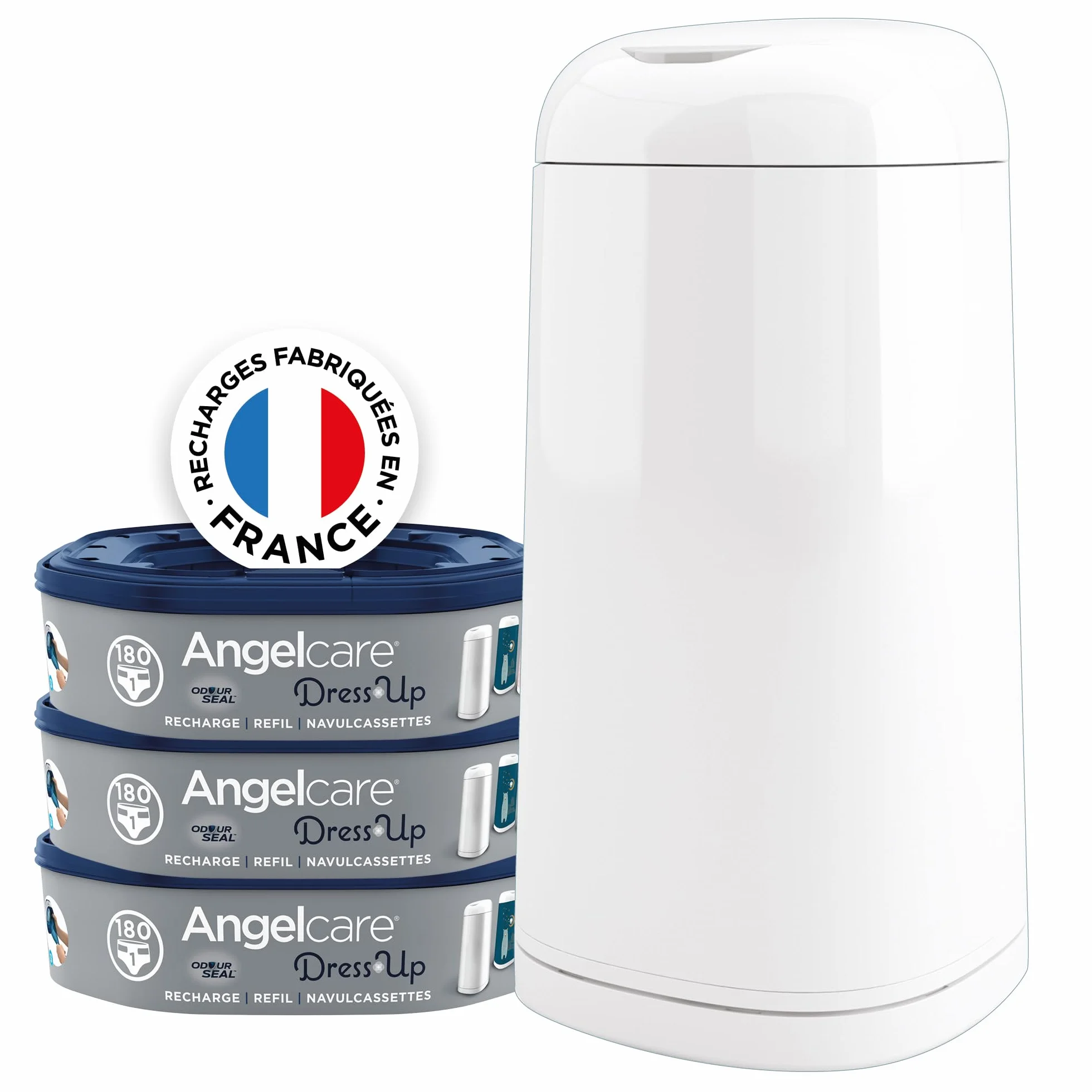 Angelcare Windeleimer + 3 Nachfüllpackungen, geruchshemmend, hohe Kapazität, antibakteriell, einfache Verwendung, Weiß